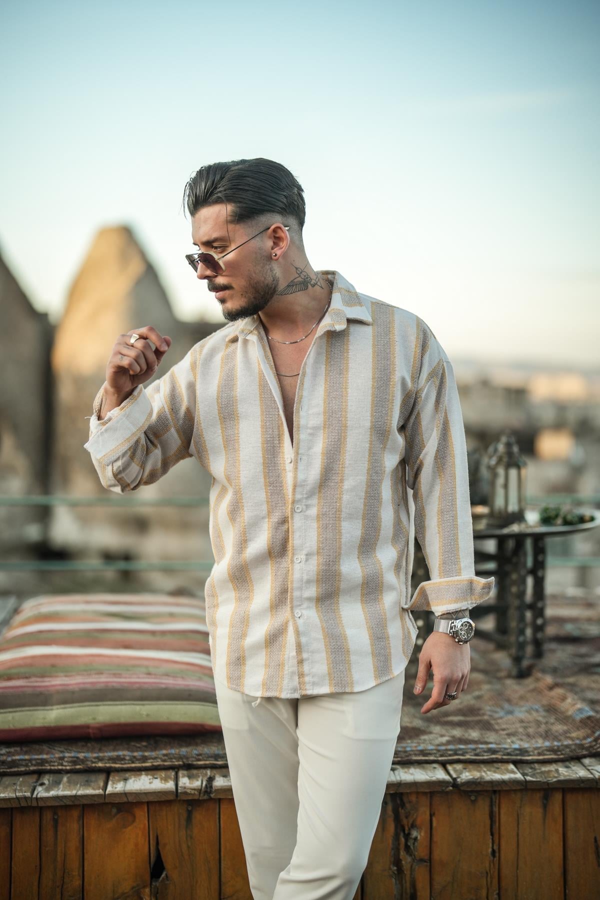 Dik Şeritli Çift Renk Örme Oversize Gömlek Sarı