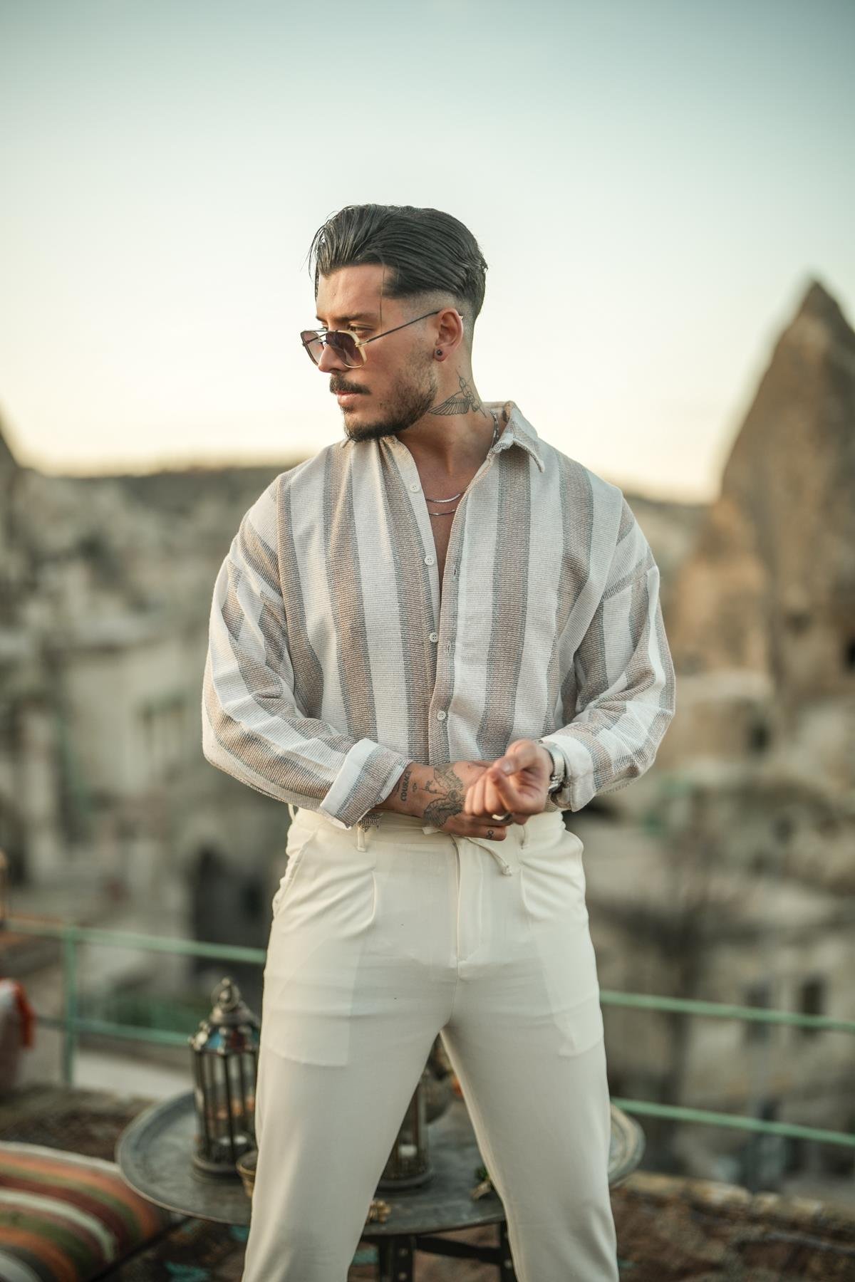 Dik Şeritli Çift Renk Örme Oversize Gömlek Gri