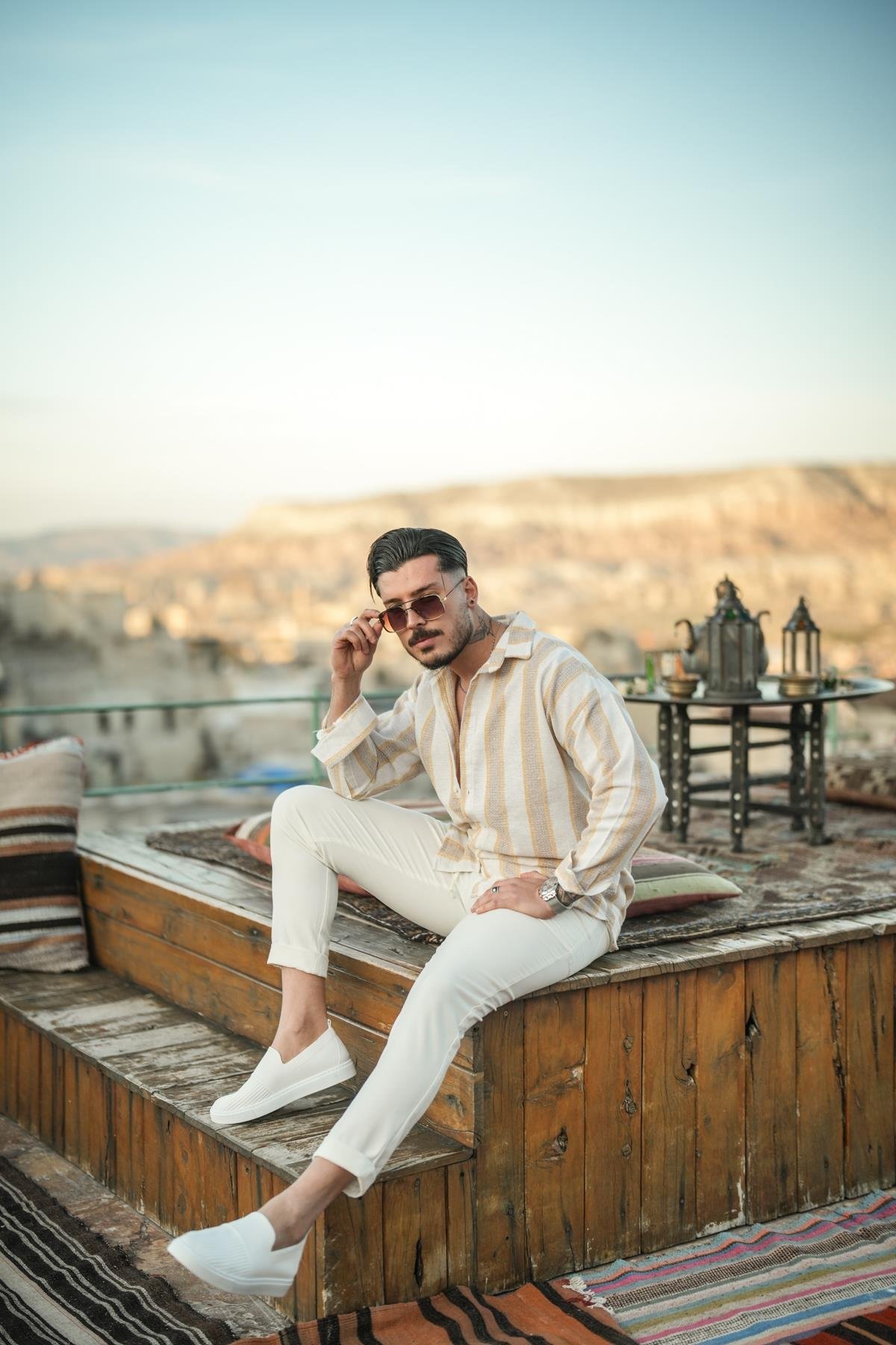 Dik Şeritli Çift Renk Örme Oversize Gömlek Sarı