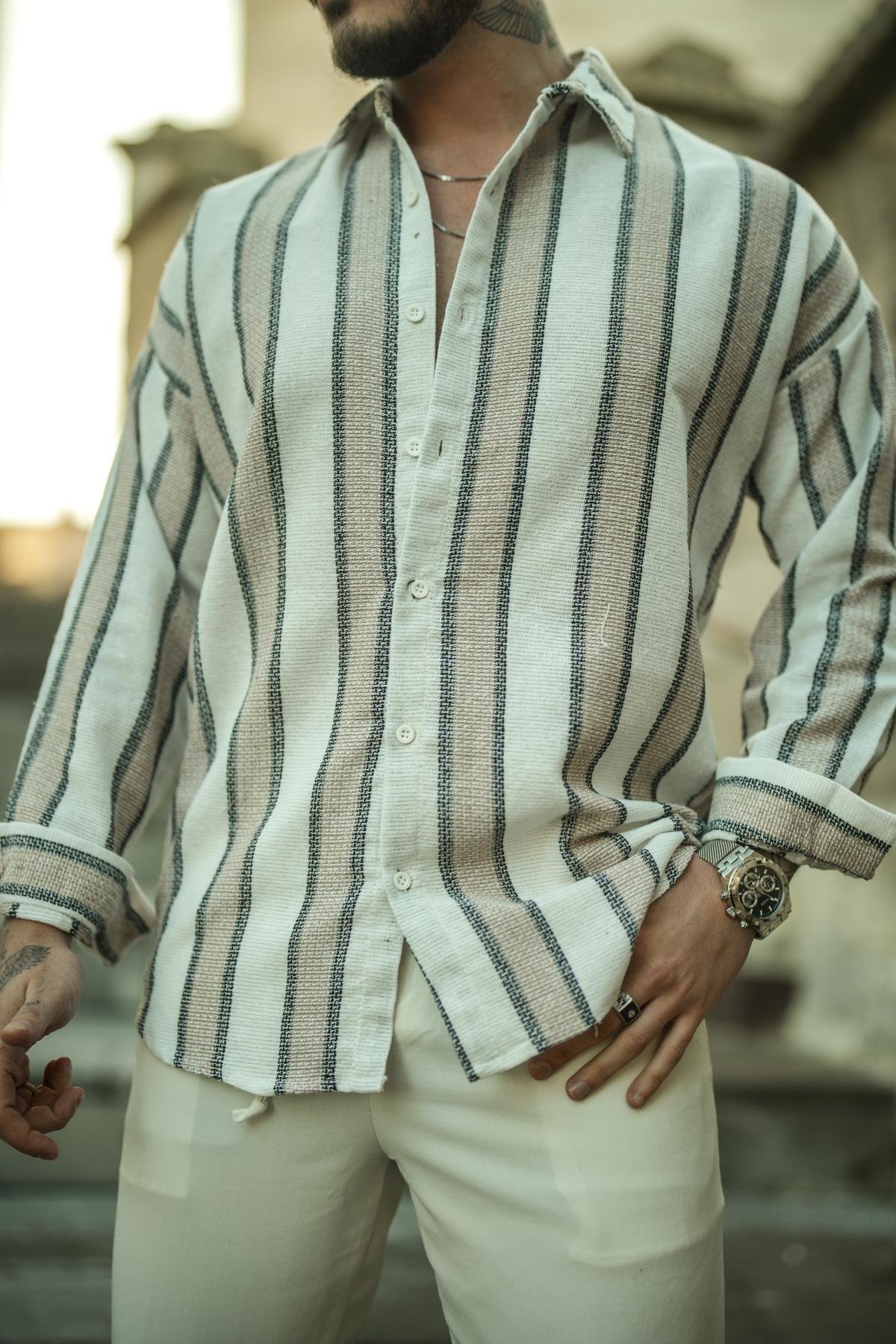 Dik Şeritli Çift Renk Örme Oversize Gömlek Siyah