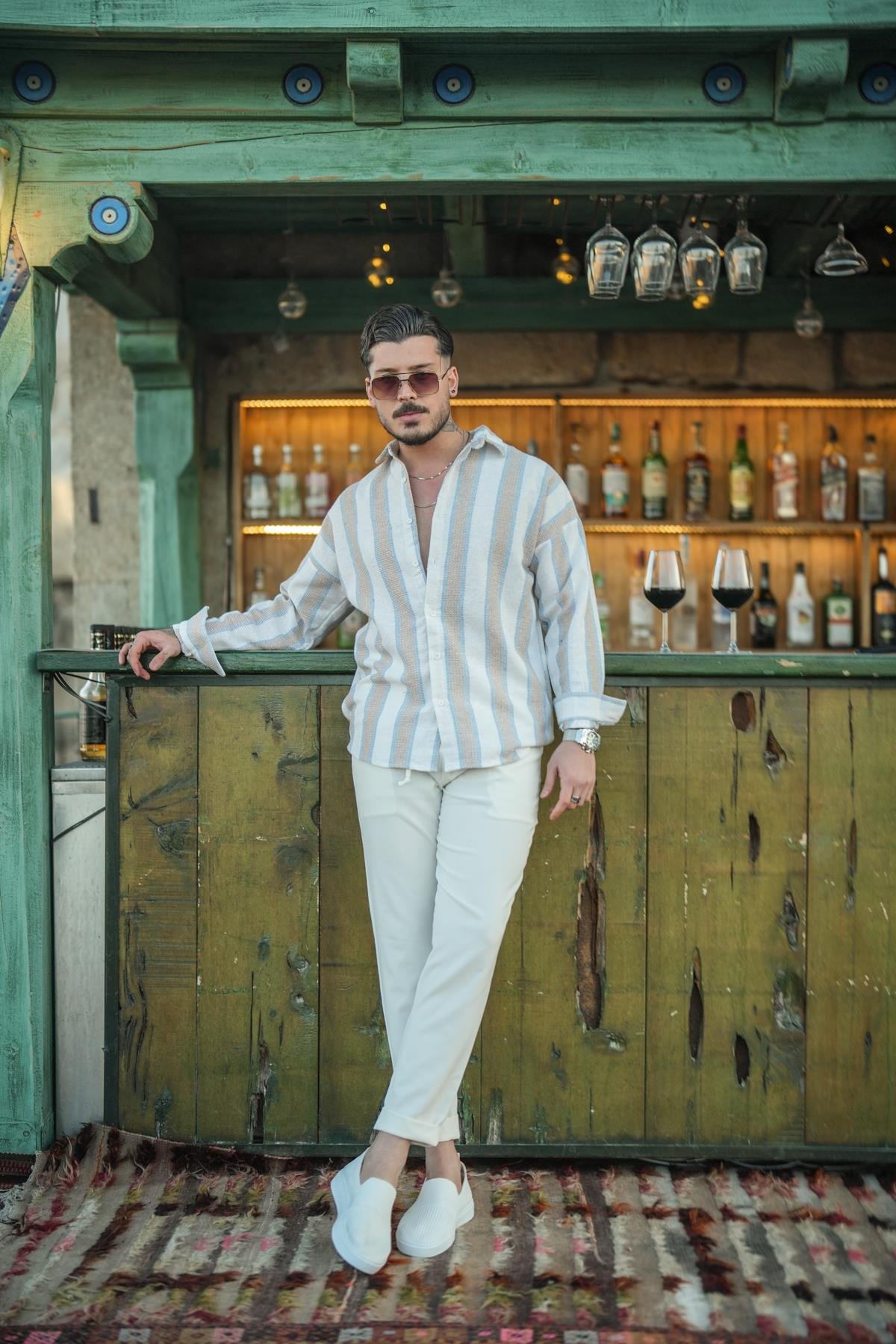 Dik Şeritli Çift Renk Örme Oversize Gömlek Mavi