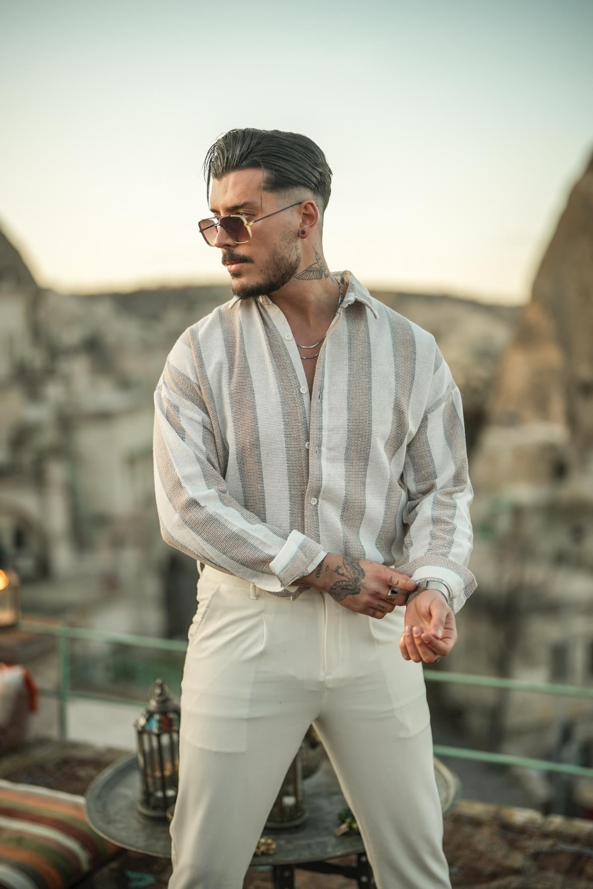 Dik Şeritli Çift Renk Örme Oversize Gömlek Gri