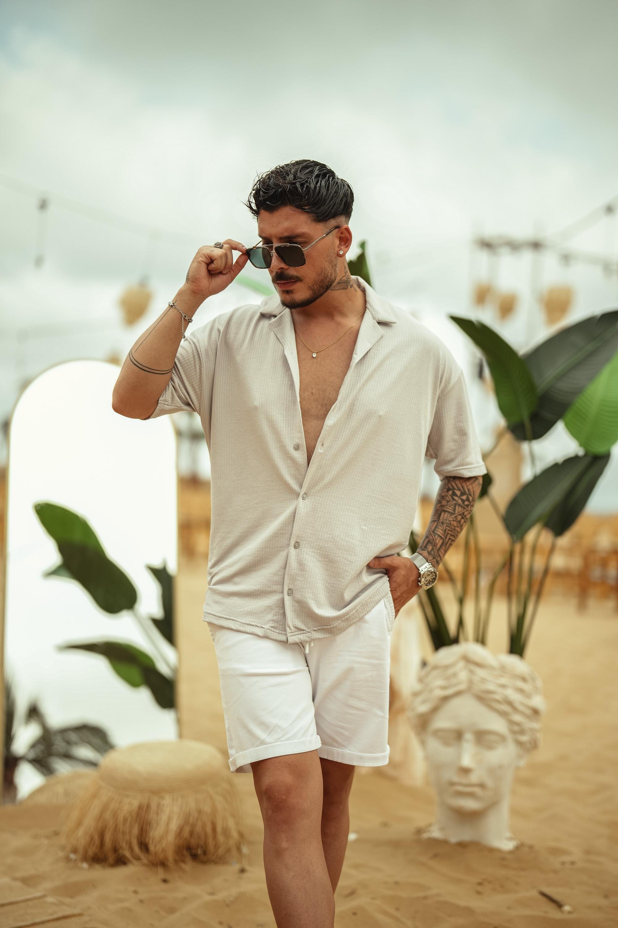 Dik Şeritli Oversize Kısa Kol Gömlek Gri