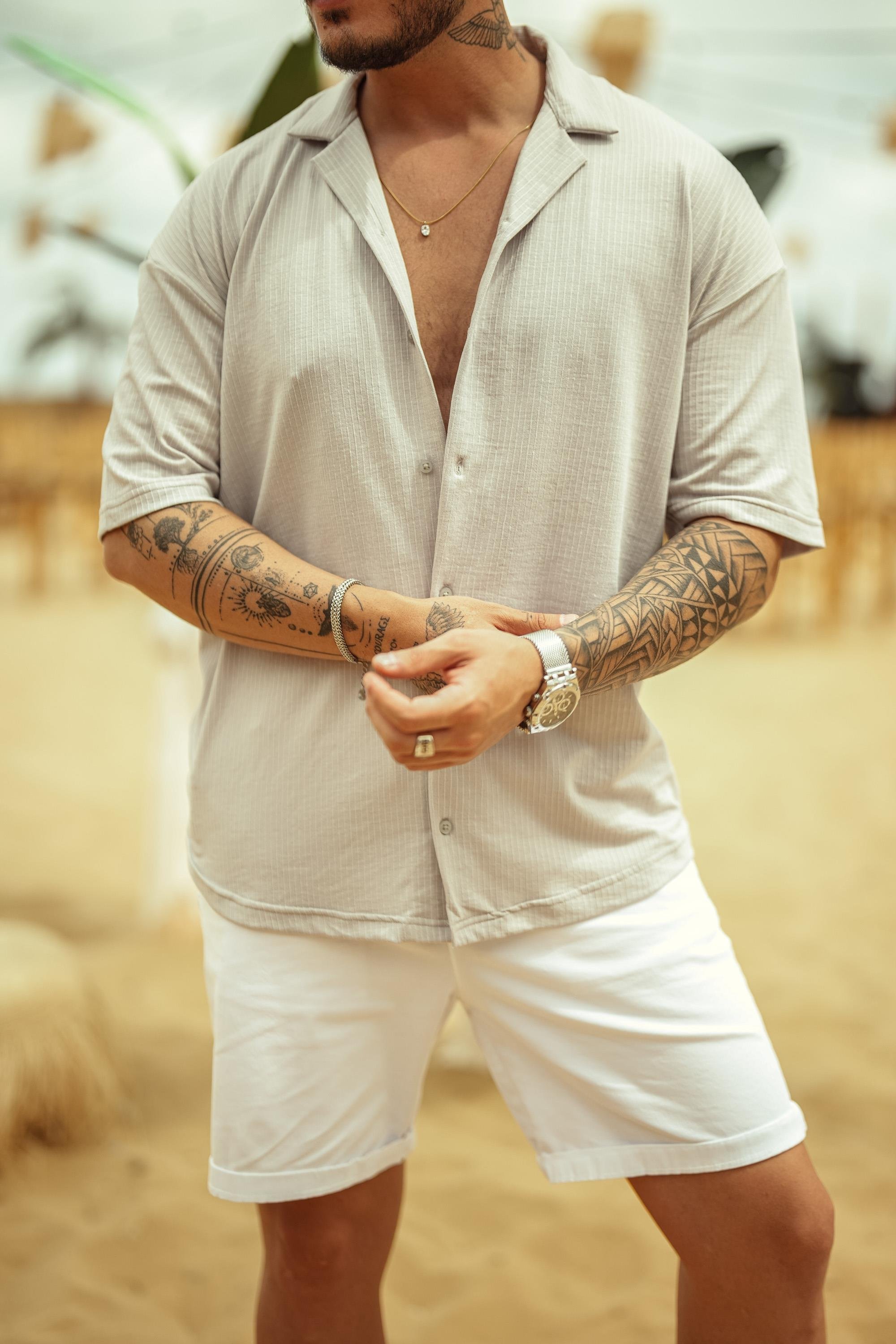 Dik Şeritli Oversize Kısa Kol Gömlek Gri