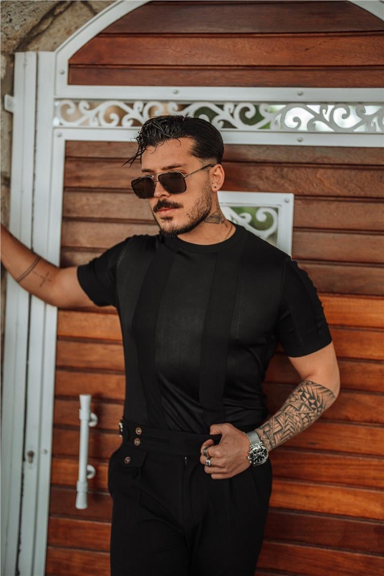 Dik Şeritli Slim Fit Triko T-Shirt Siyah