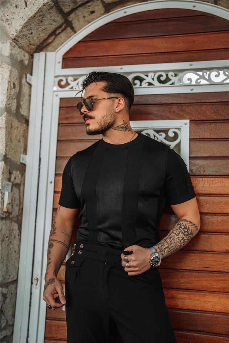 Dik Şeritli Slim Fit Triko T-Shirt Siyah