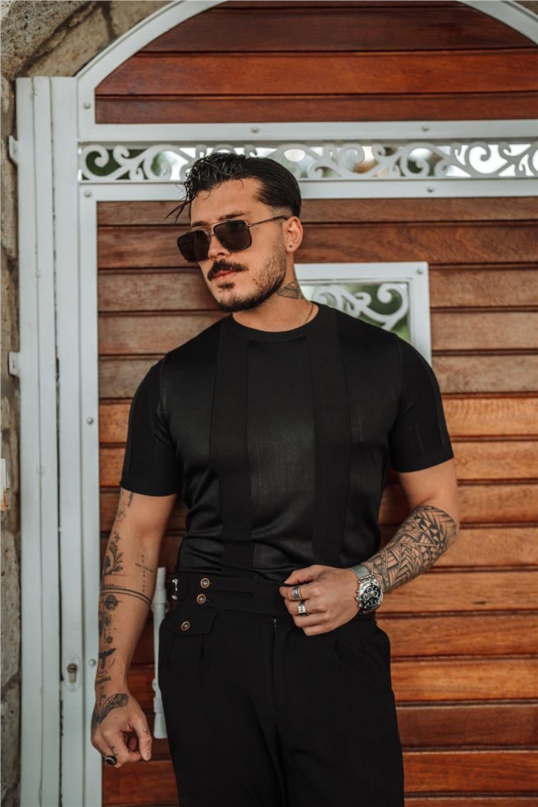 Dik Şeritli Slim Fit Triko T-Shirt Siyah