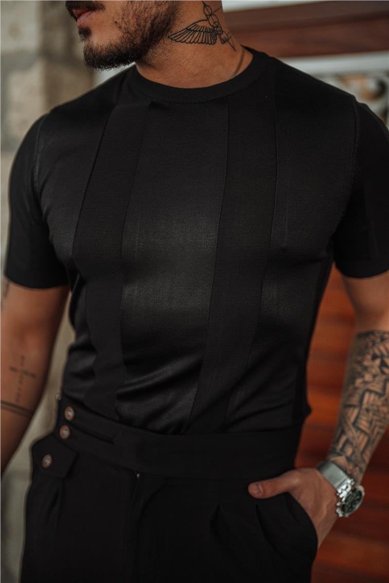 Dik Şeritli Slim Fit Triko T-Shirt Siyah