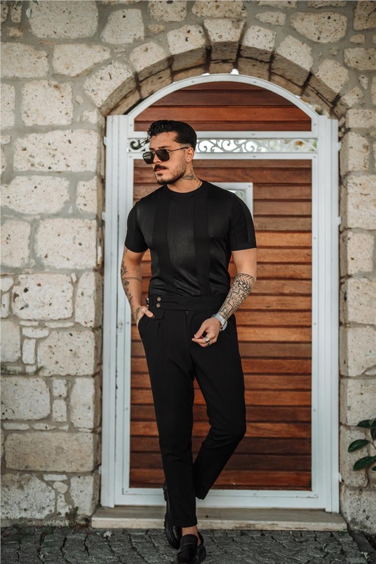 Dik Şeritli Slim Fit Triko T-Shirt Siyah