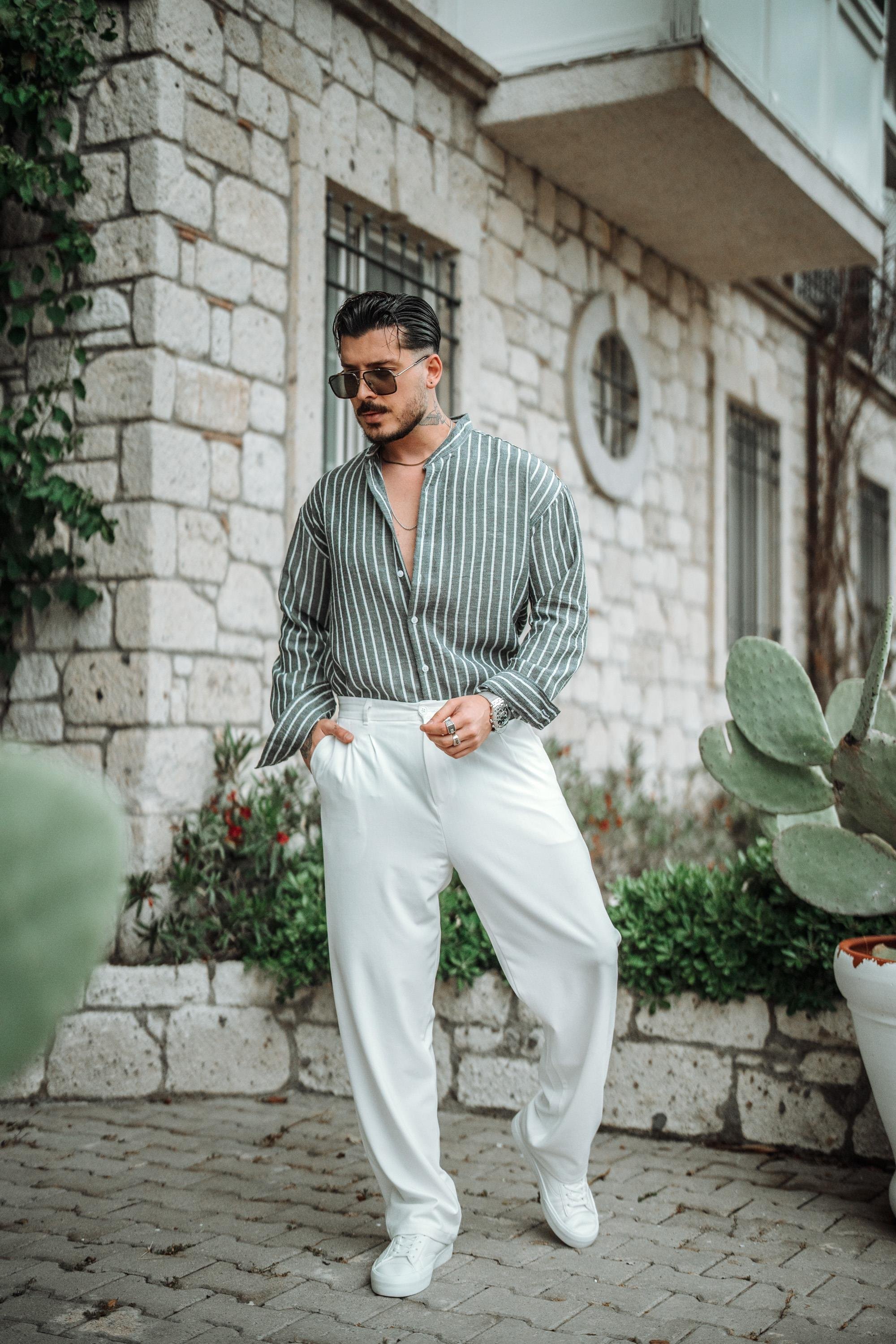 Dik Yaka Çizgili Oversize Gömlek Siyah