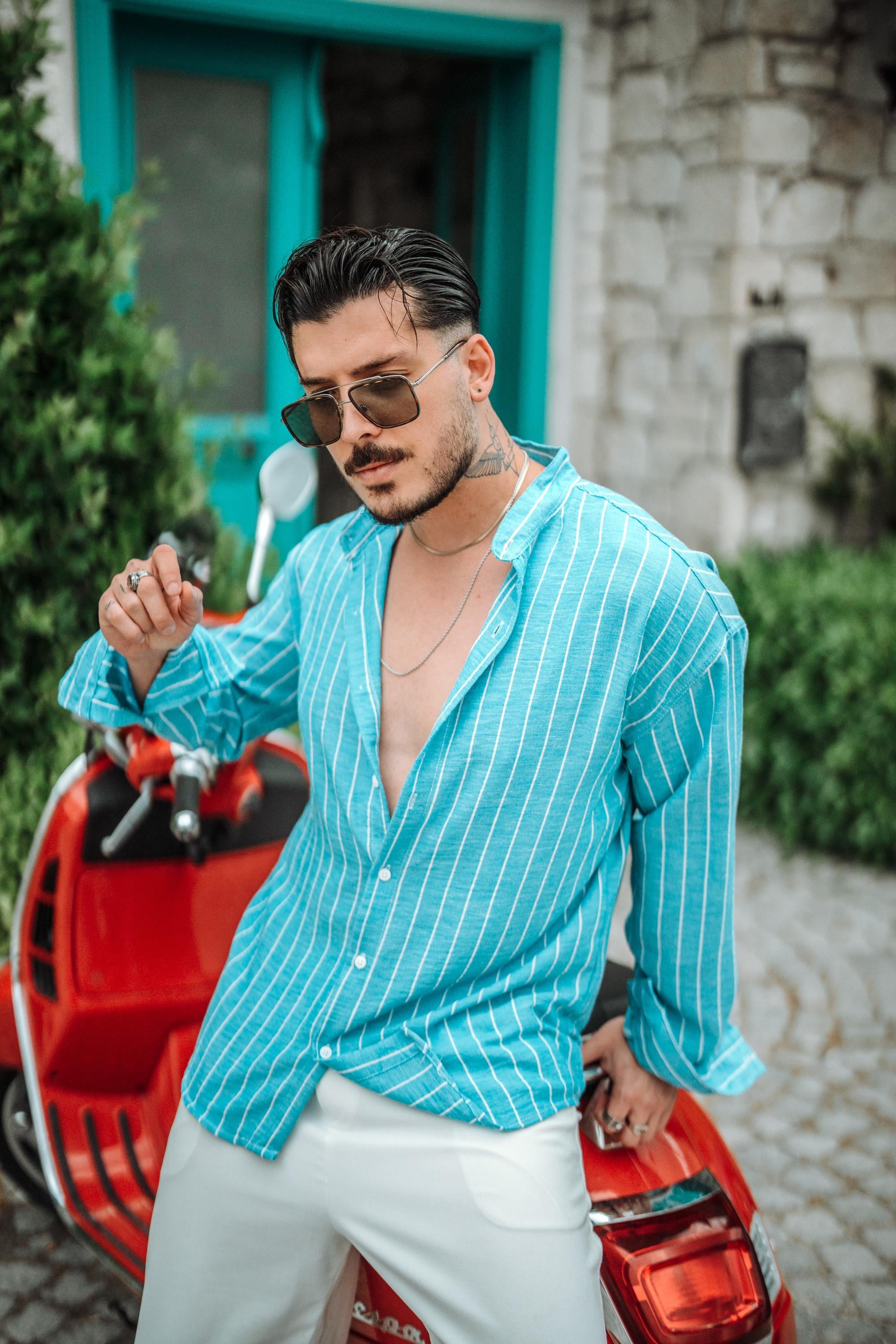 Dik Yaka Çizgili Oversize Gömlek Turkuaz