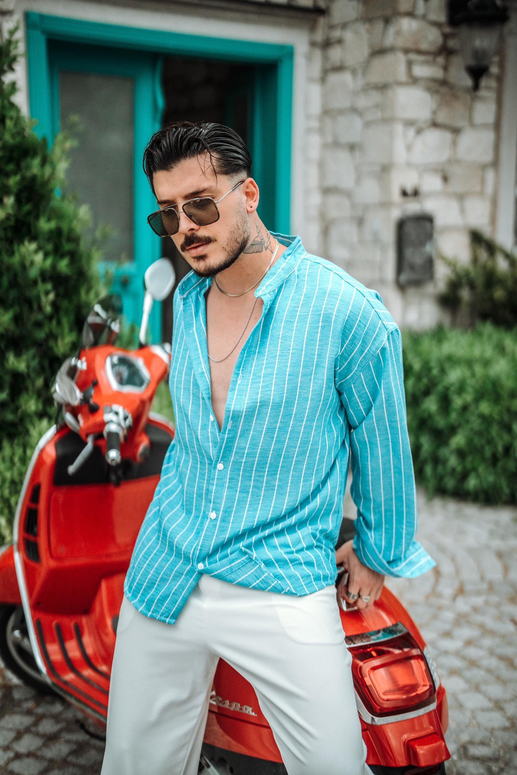 Dik Yaka Çizgili Oversize Gömlek Turkuaz