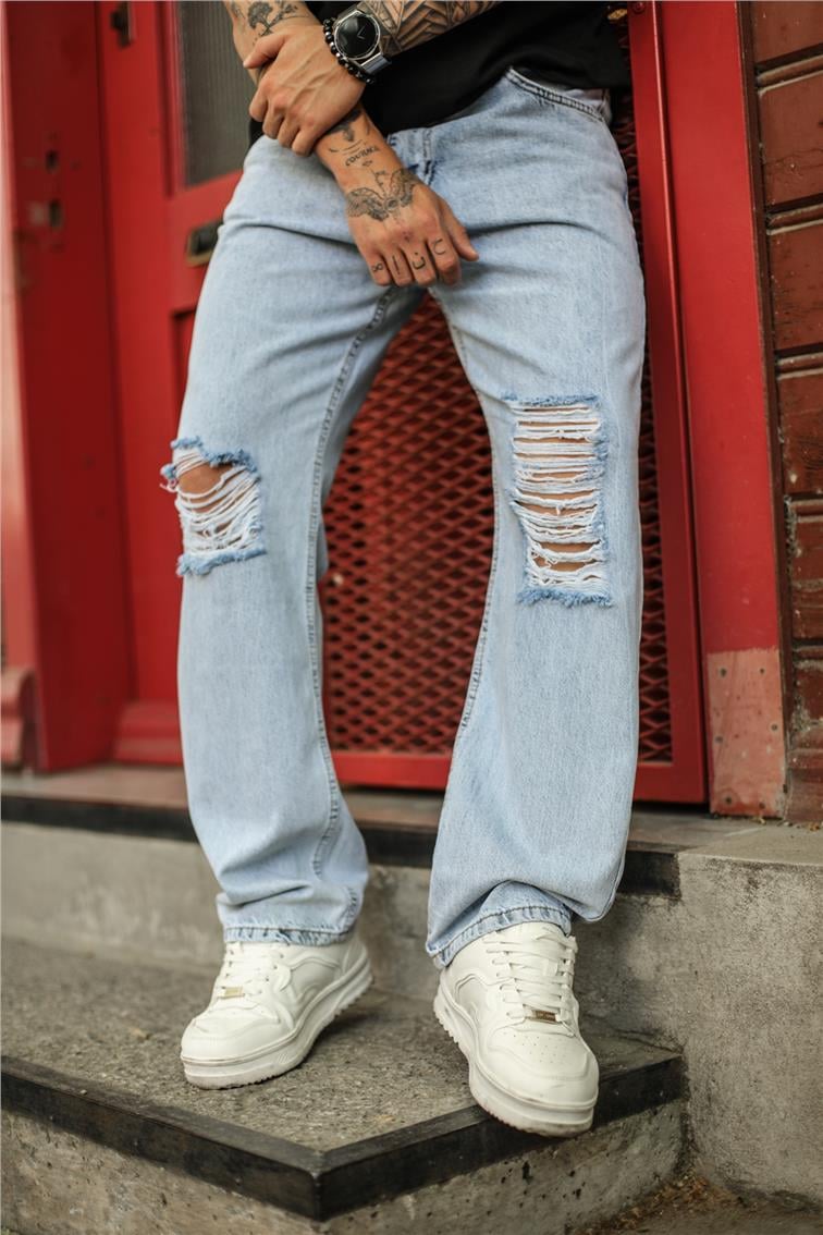 Dizi Yırtık Baggy Jean Yıkamalı Açık Mavi