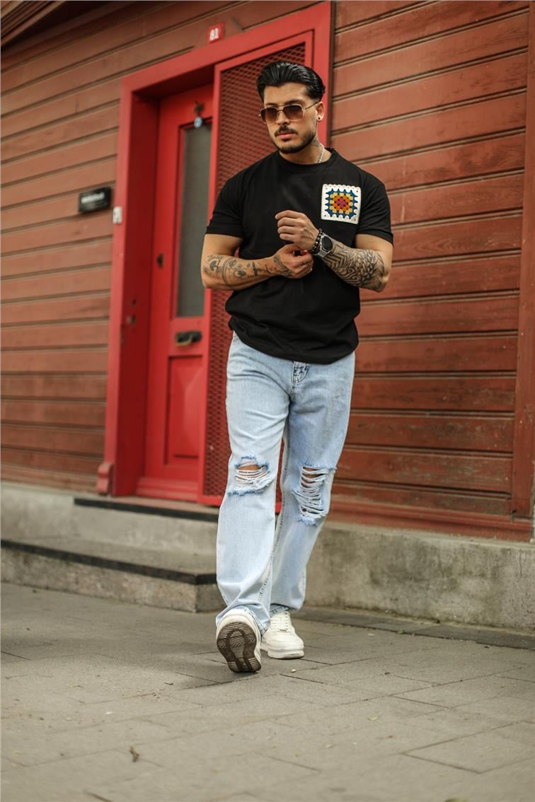 Dizi Yırtık Baggy Jean Yıkamalı Açık Mavi