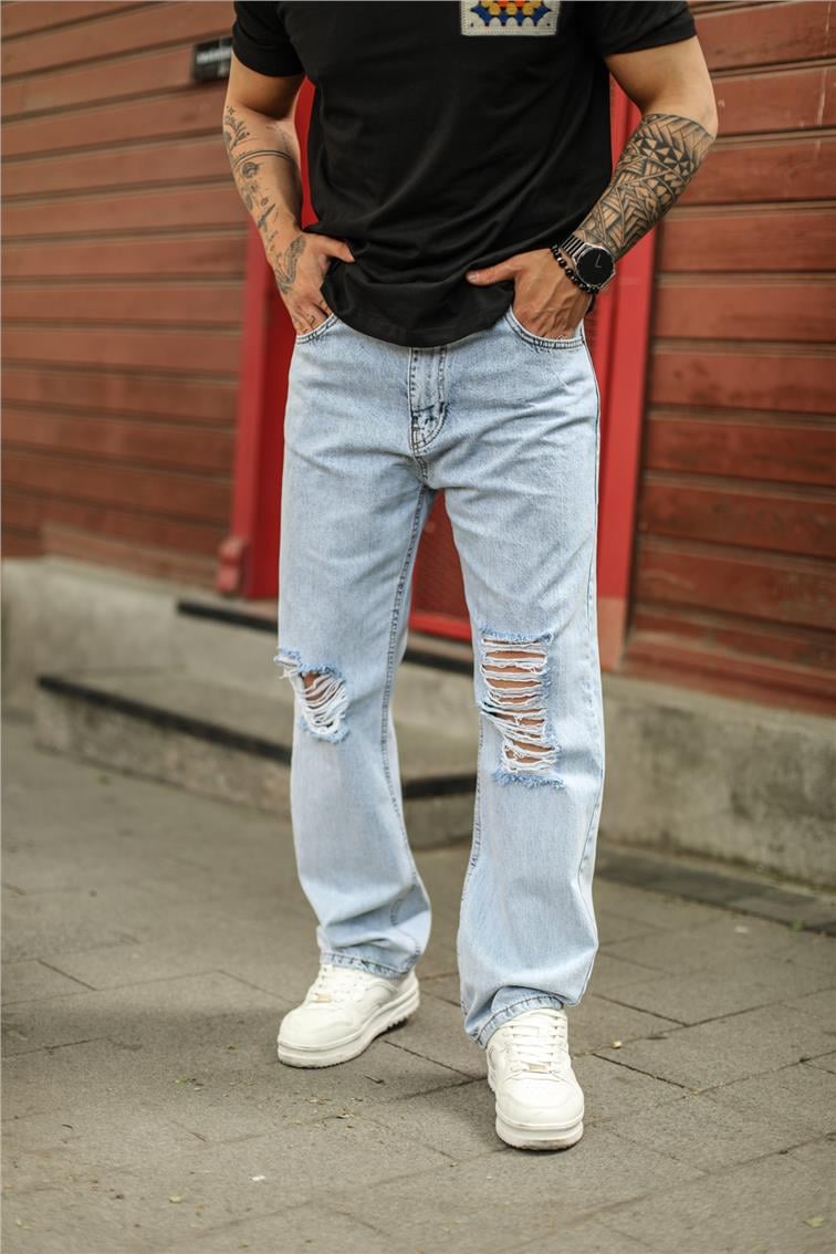 Dizi Yırtık Baggy Jean Yıkamalı Açık Mavi