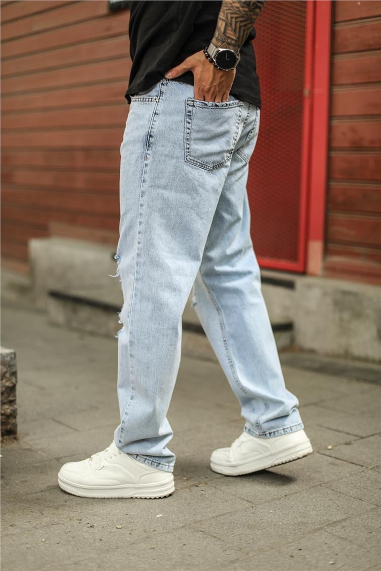 Dizi Yırtık Baggy Jean Yıkamalı Açık Mavi