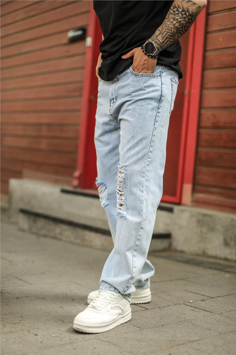 Dizi Yırtık Baggy Jean Yıkamalı Açık Mavi