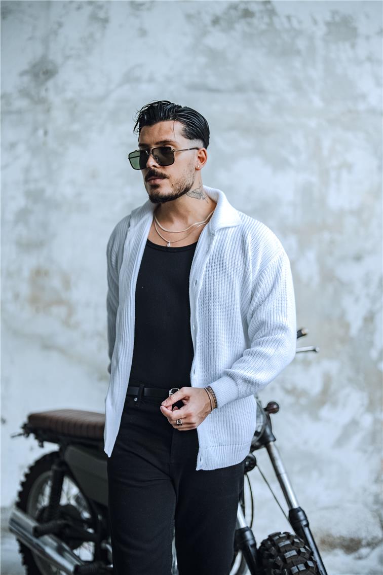 Dokulu Örme Oversize Hırka Beyaz