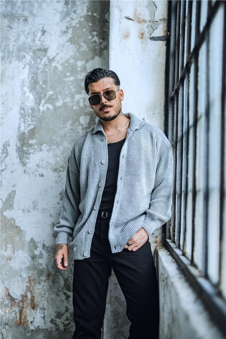 Dokulu Örme Oversize Hırka Gri