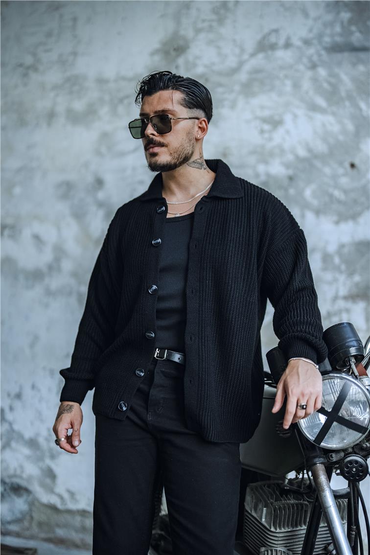 Dokulu Örme Oversize Hırka Siyah