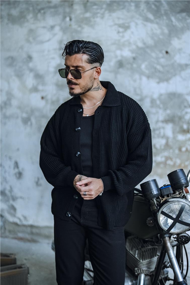 Dokulu Örme Oversize Hırka Siyah