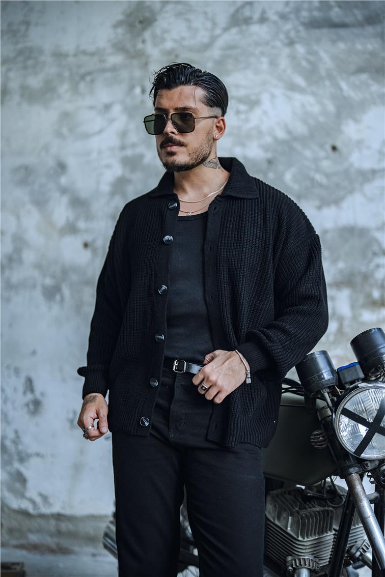 Dokulu Örme Oversize Hırka Siyah