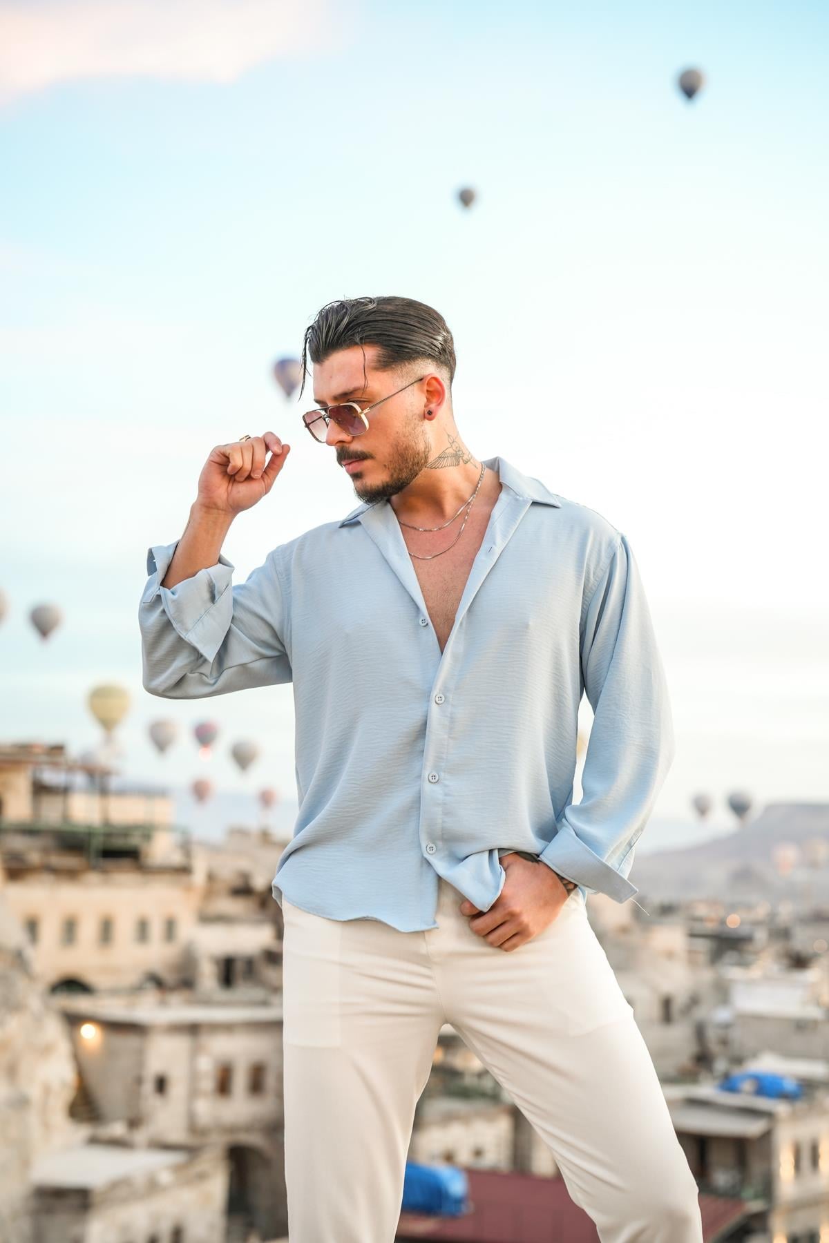 Dokulu Oversize Gömlek Açık Mavi