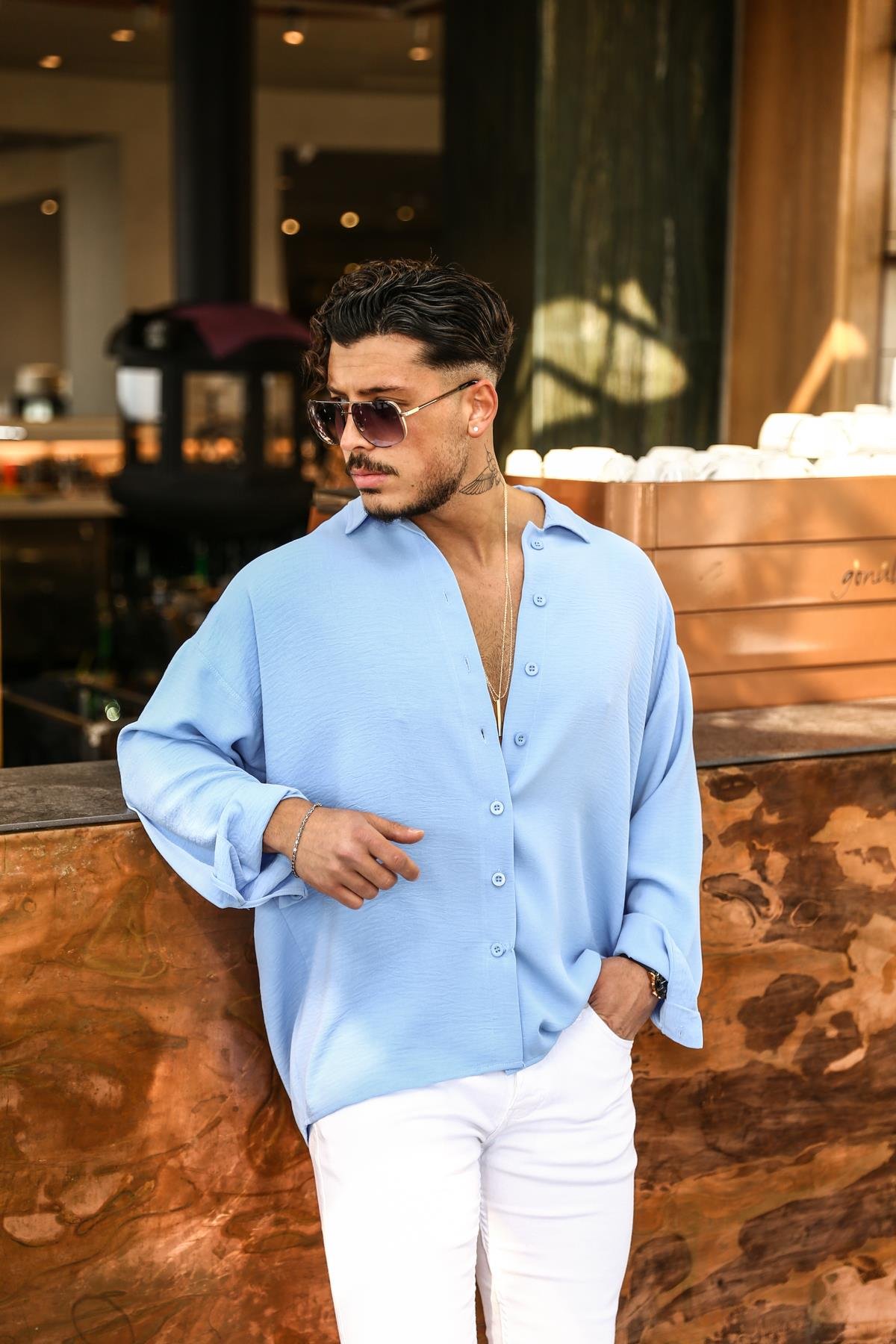 Dokulu Oversize Gömlek Açık Mavi
