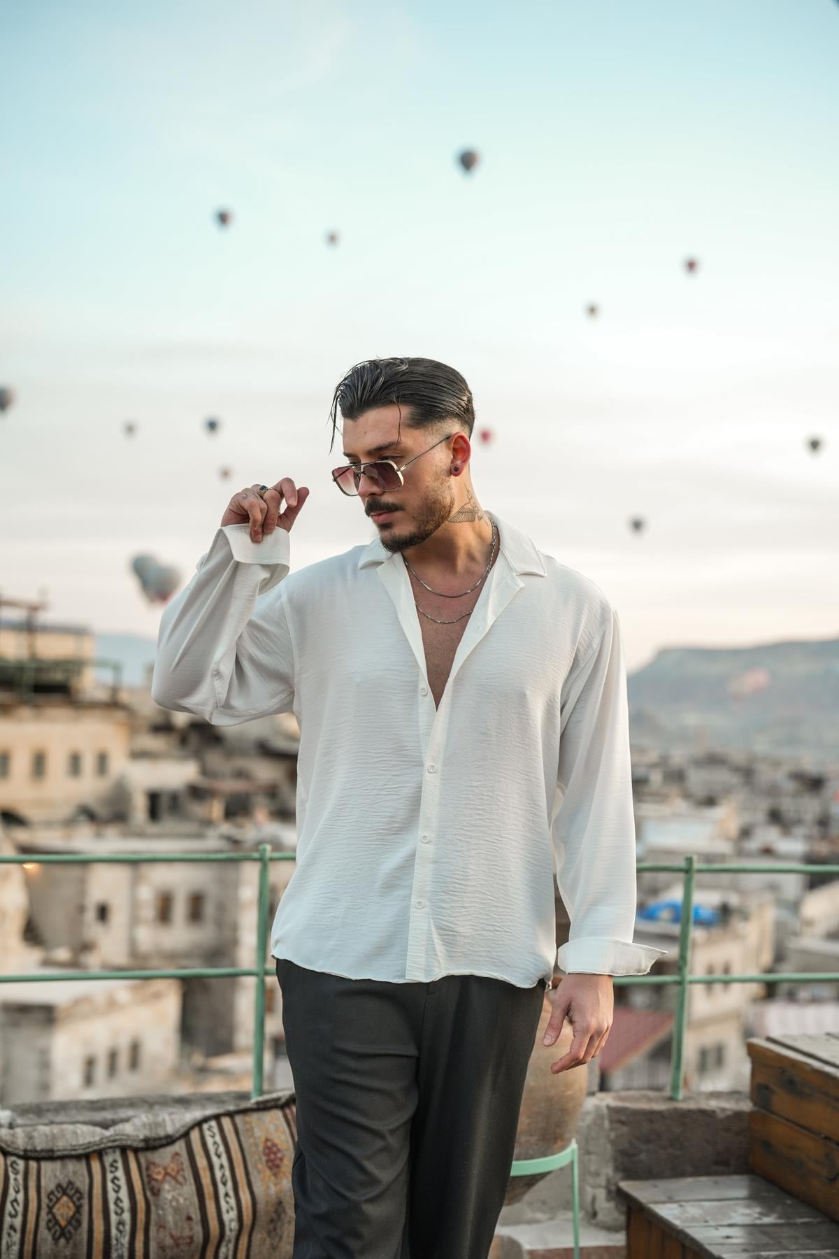 Dokulu Oversize Gömlek Beyaz
