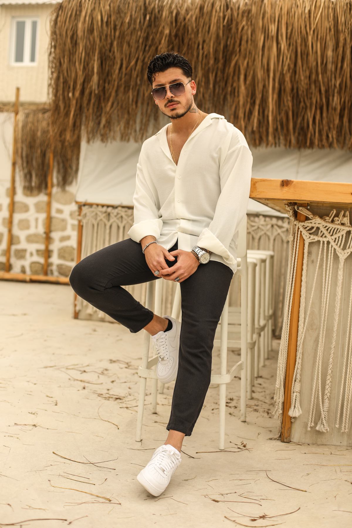 Dokulu Oversize Gömlek Beyaz