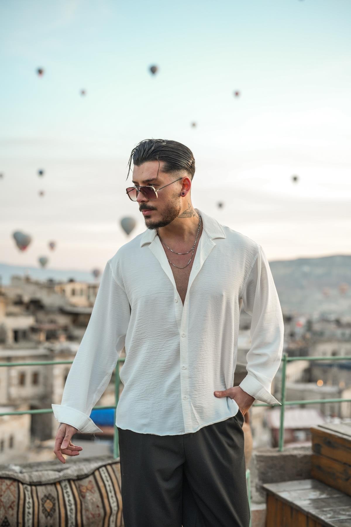 Dokulu Oversize Gömlek Beyaz