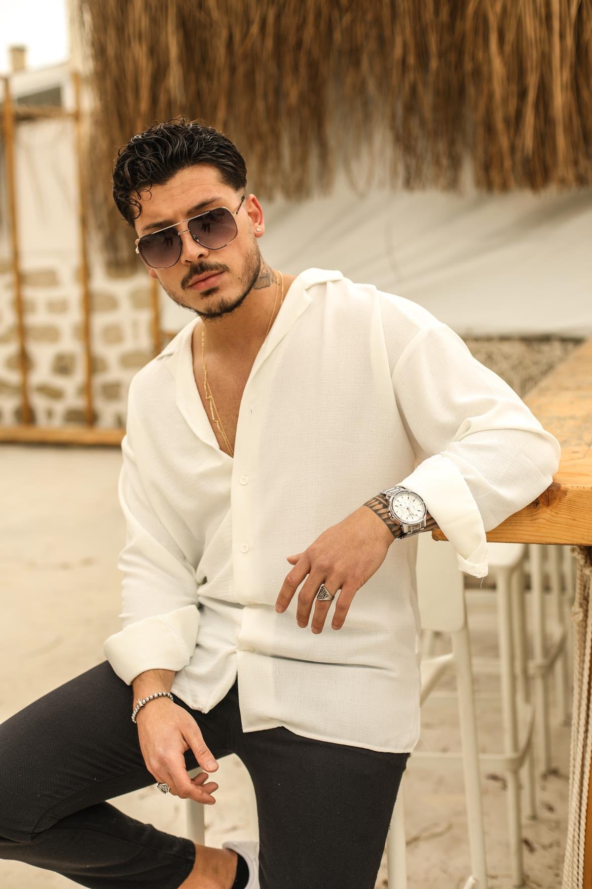 Dokulu Oversize Gömlek Beyaz