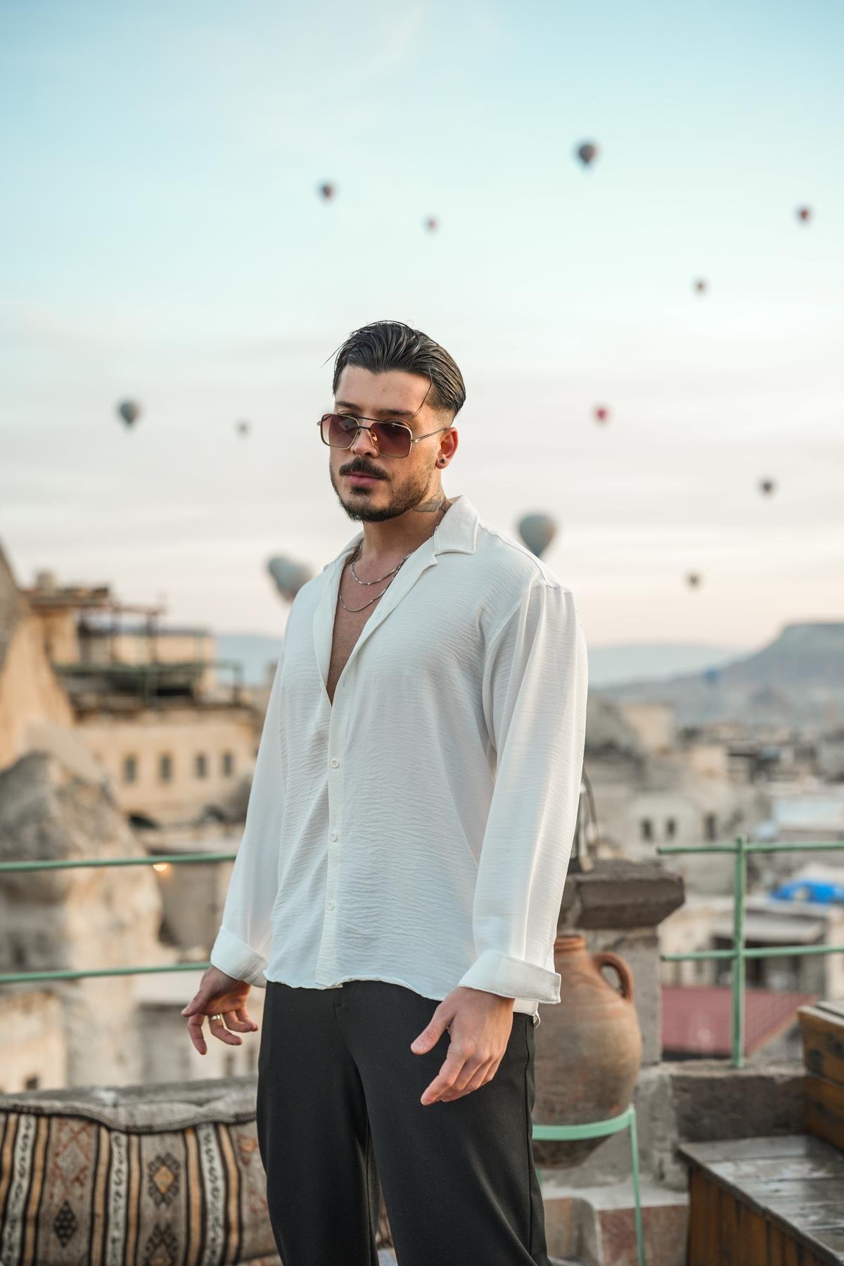 Dokulu Oversize Gömlek Beyaz