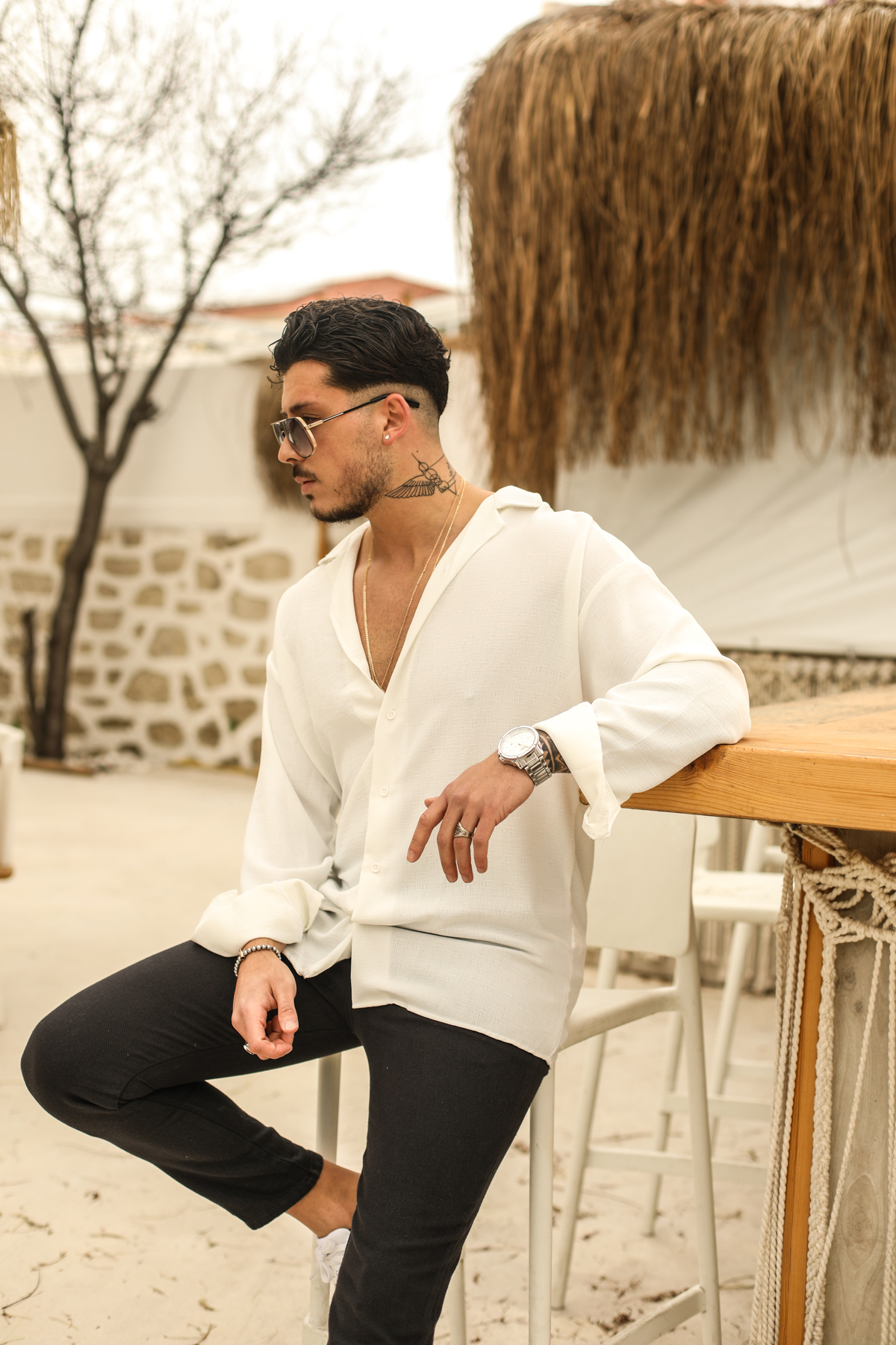 Dokulu Oversize Gömlek Beyaz