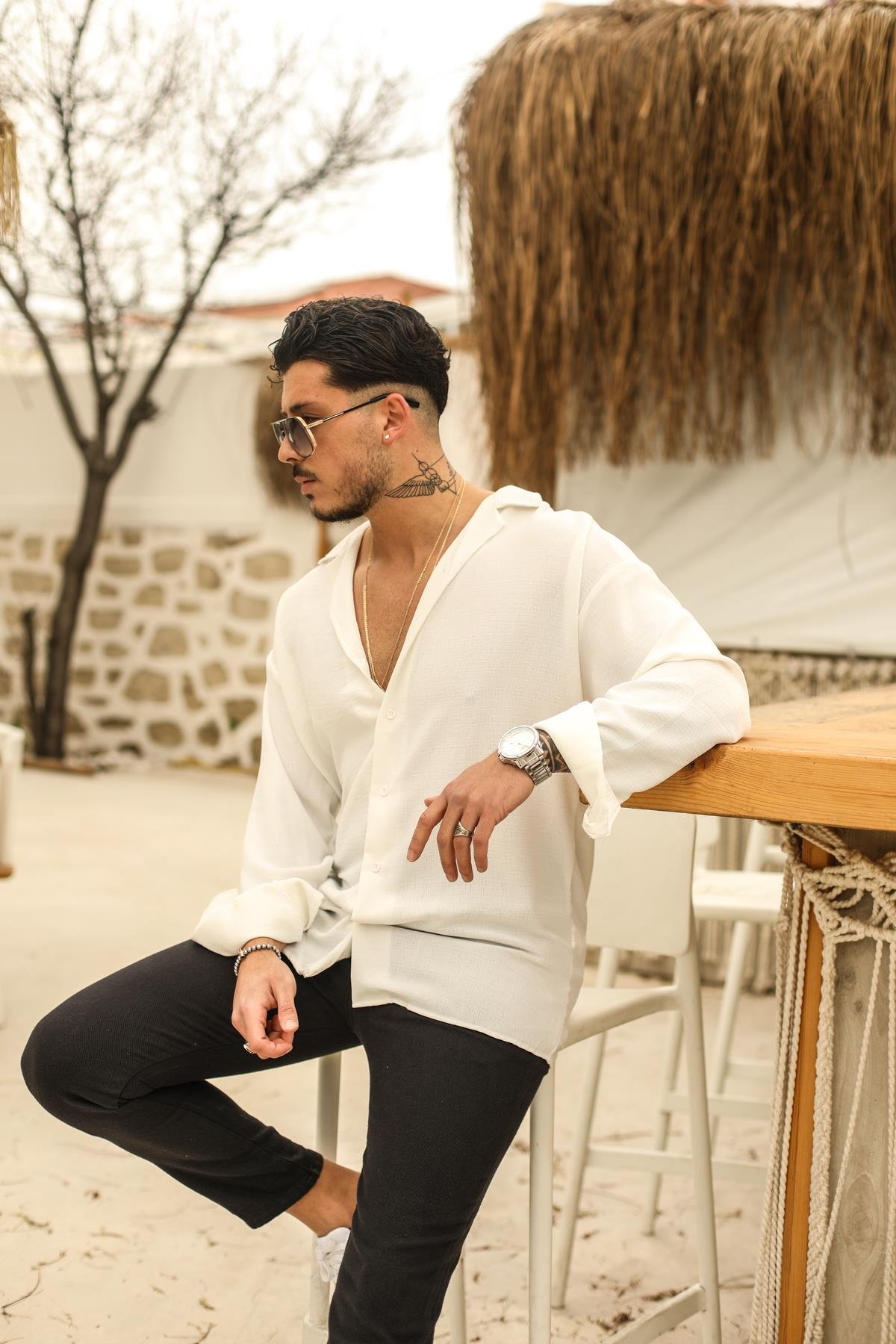 Dokulu Oversize Gömlek Beyaz