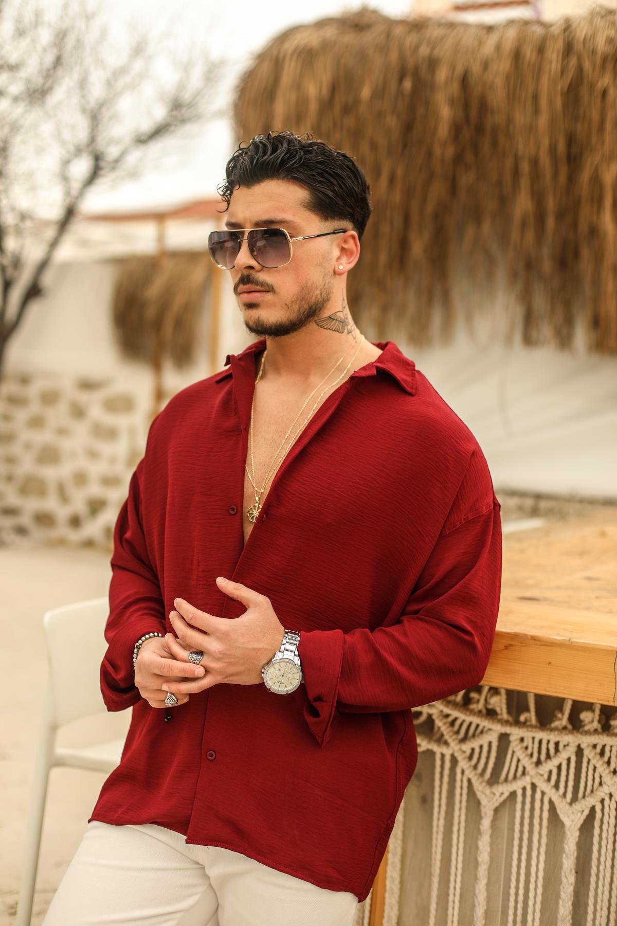 Dokulu Oversize Gömlek Bordo