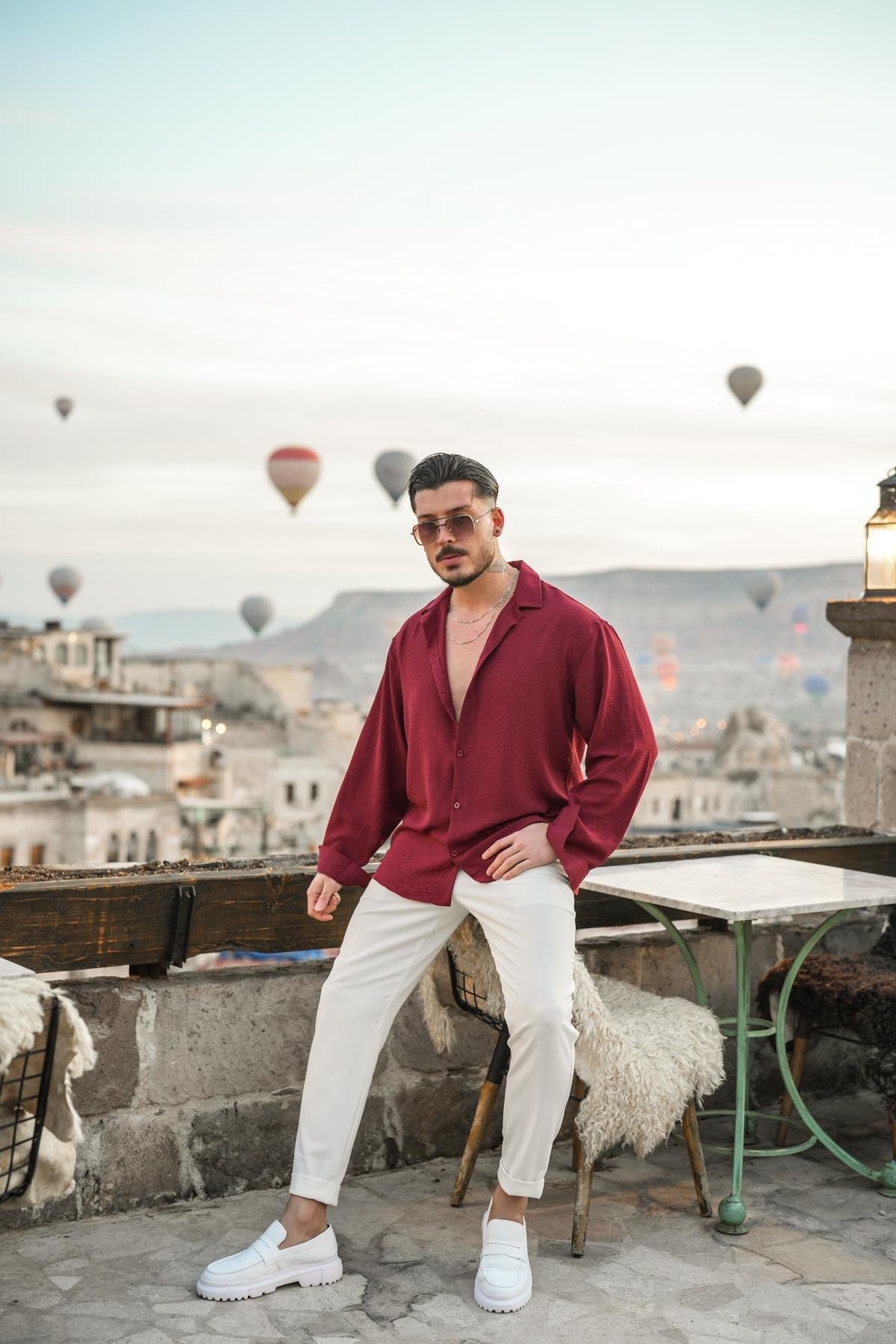 Dokulu Oversize Gömlek Bordo