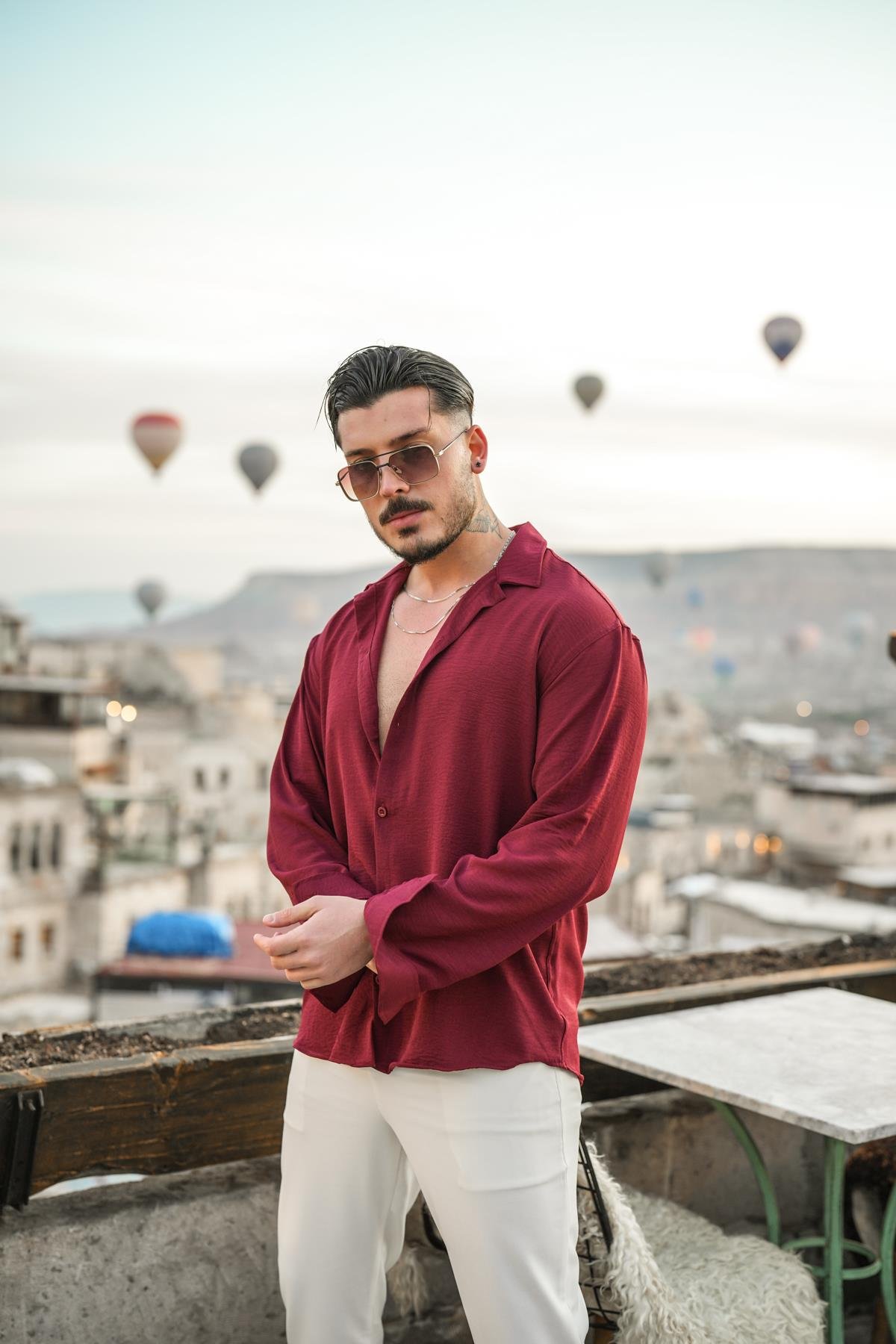 Dokulu Oversize Gömlek Bordo