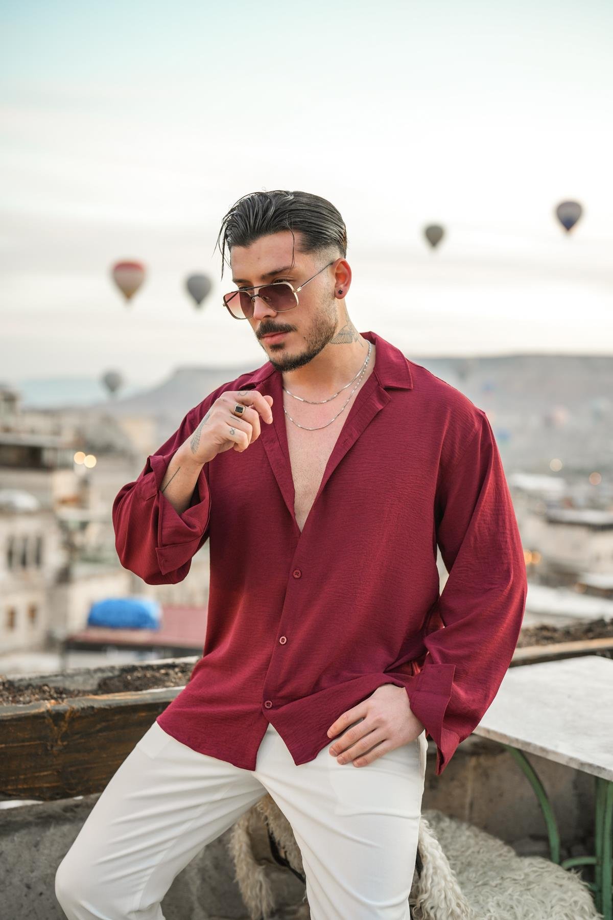 Dokulu Oversize Gömlek Bordo