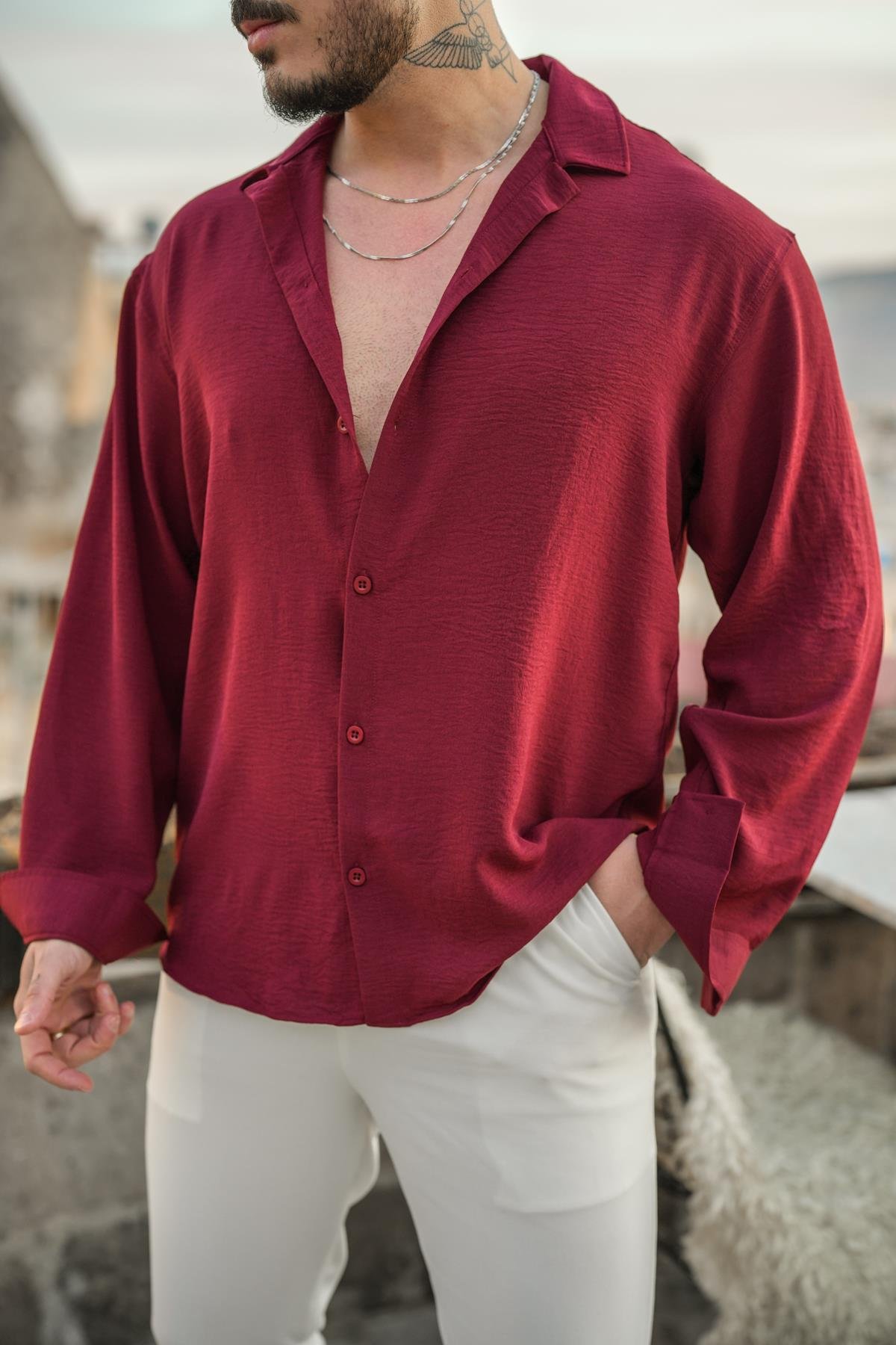Dokulu Oversize Gömlek Bordo