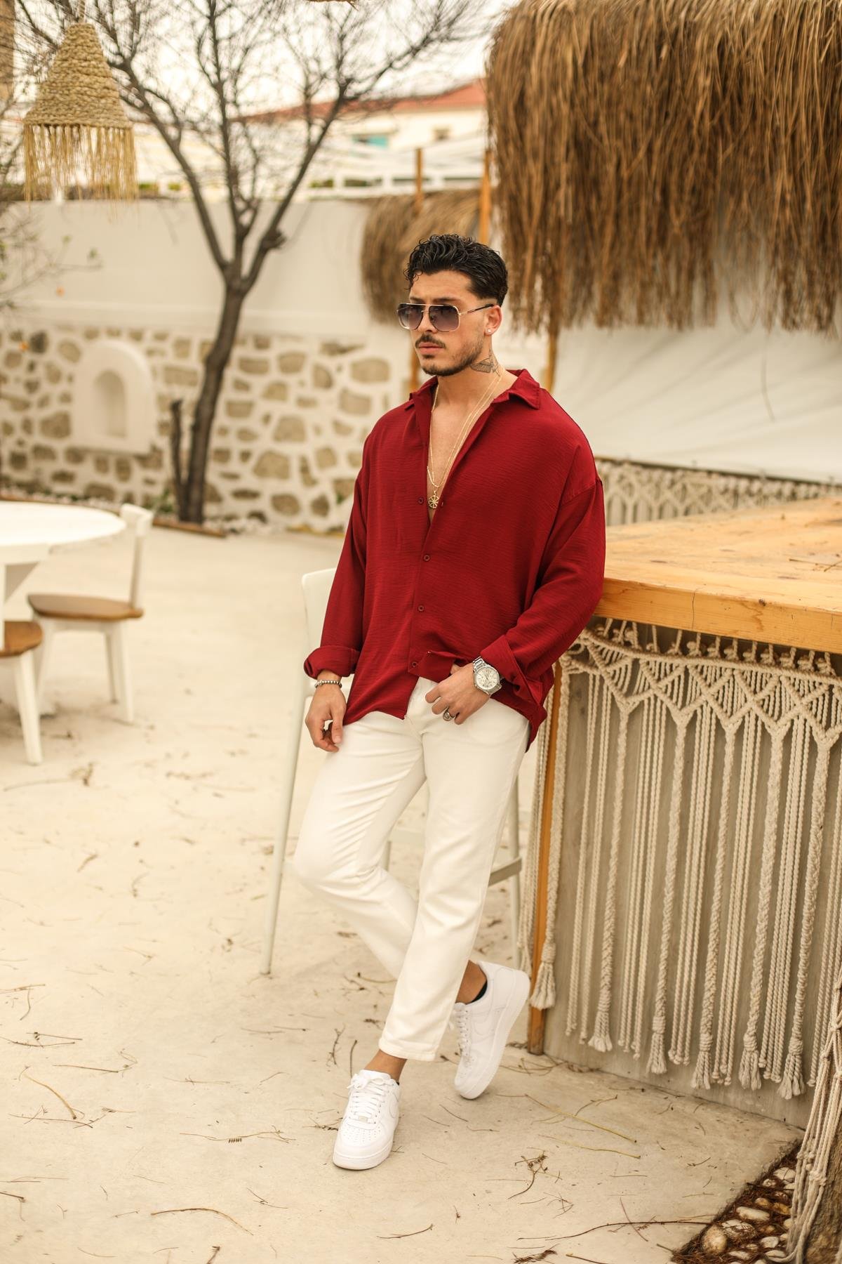 Dokulu Oversize Gömlek Bordo