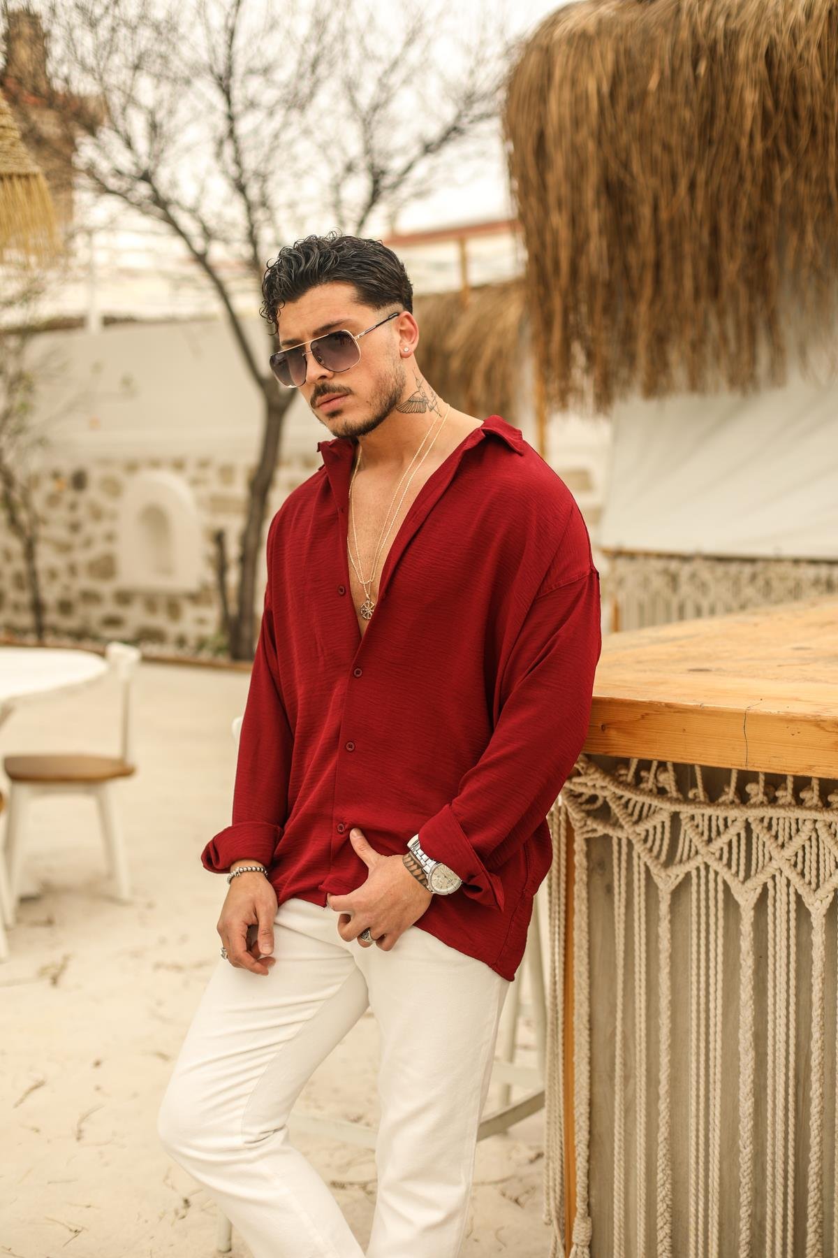Dokulu Oversize Gömlek Bordo