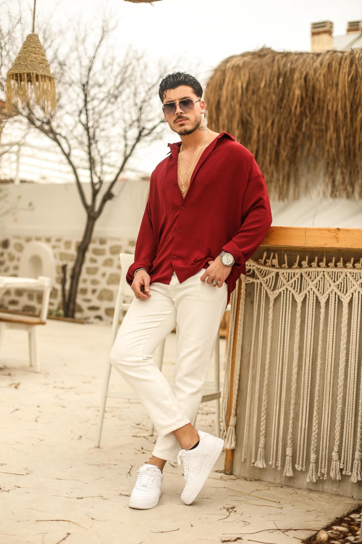 Dokulu Oversize Gömlek Bordo