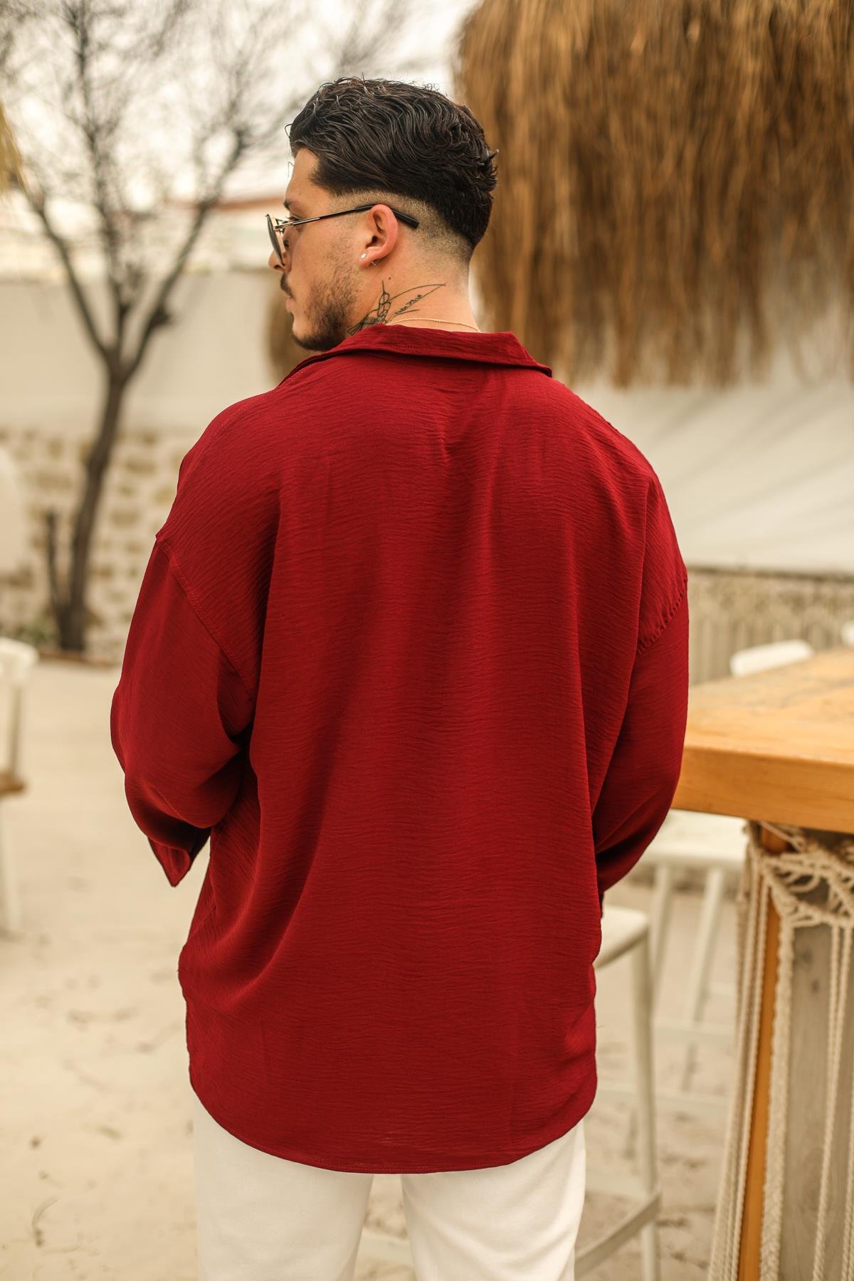 Dokulu Oversize Gömlek Bordo