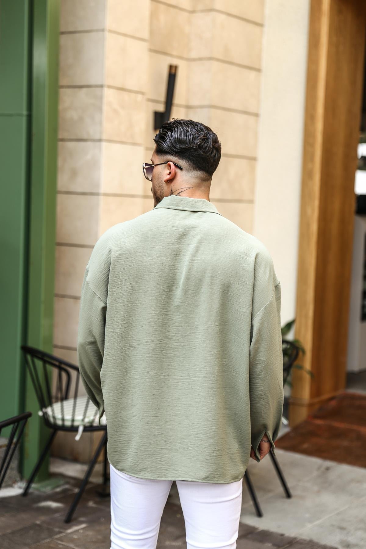 Dokulu Oversize Gömlek Haki