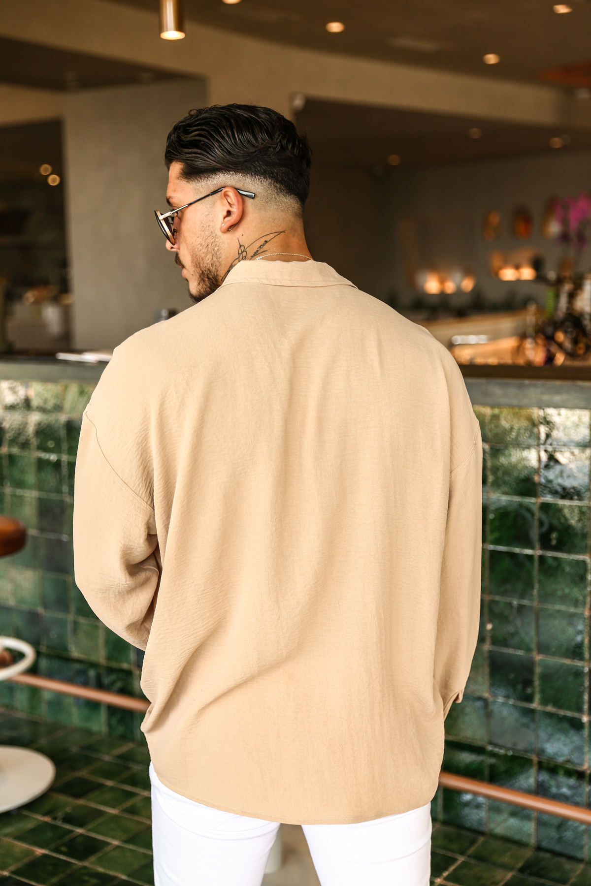 Dokulu Oversize Gömlek Krem