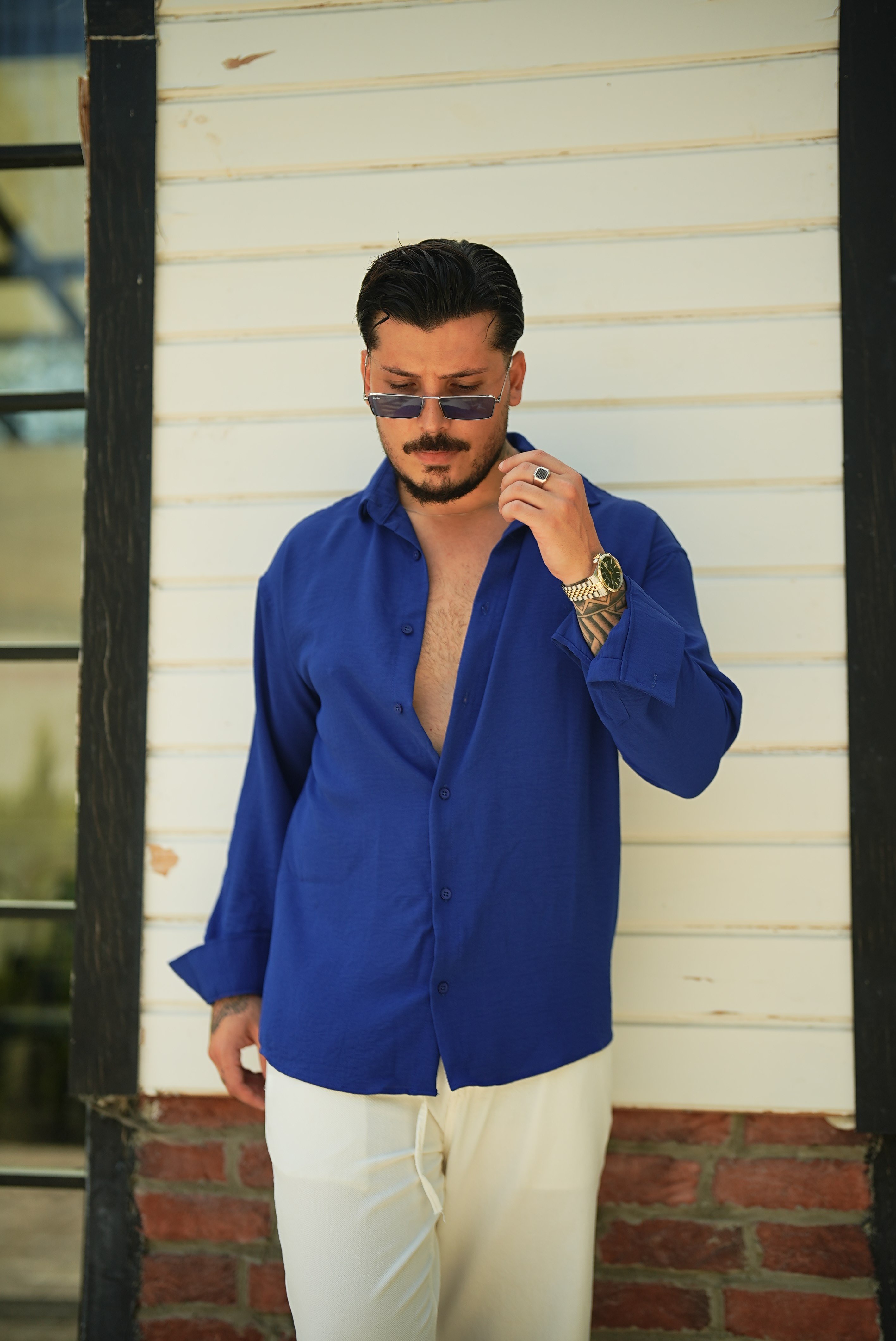 Dokulu Oversize Gömlek Saks
