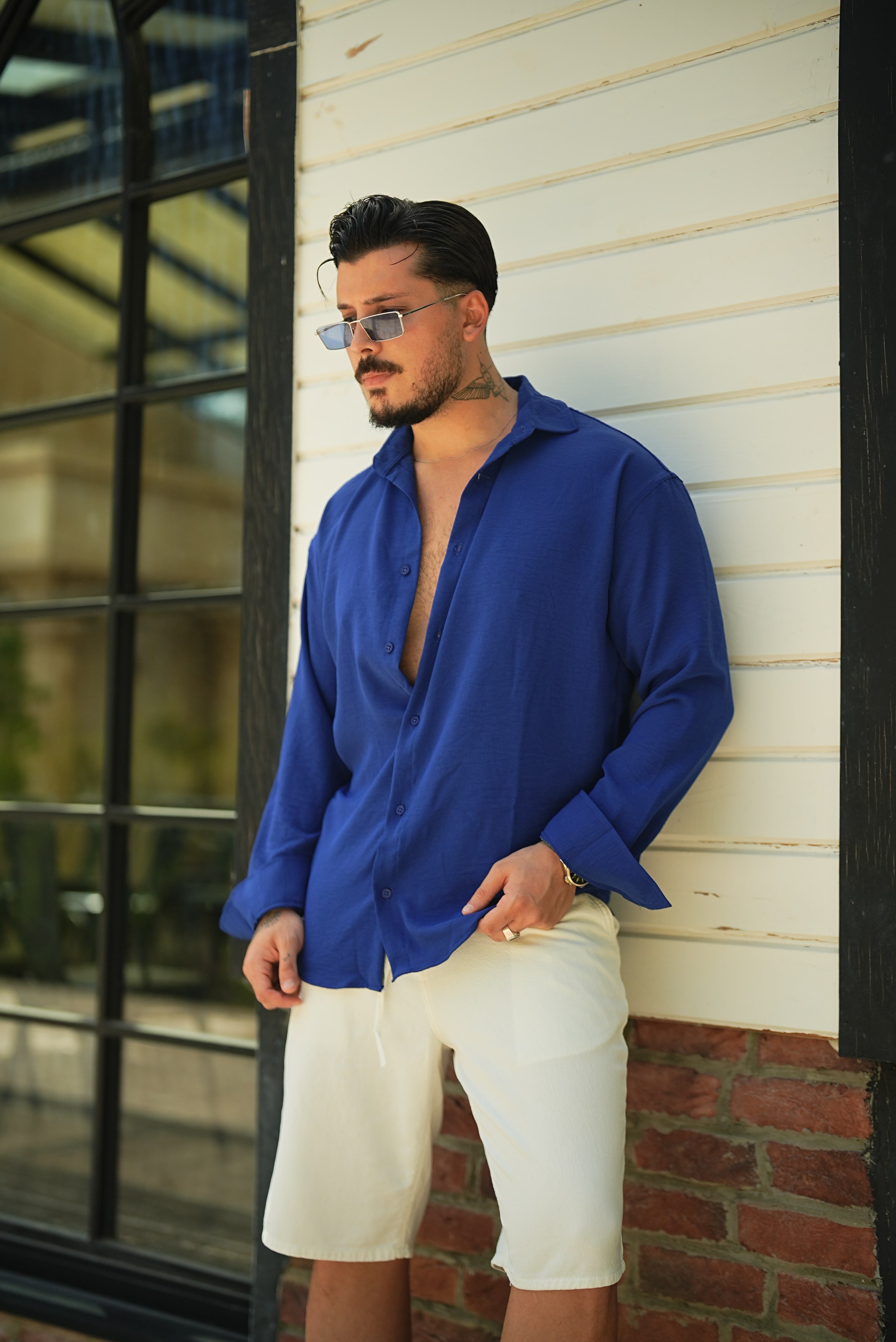 Dokulu Oversize Gömlek Saks