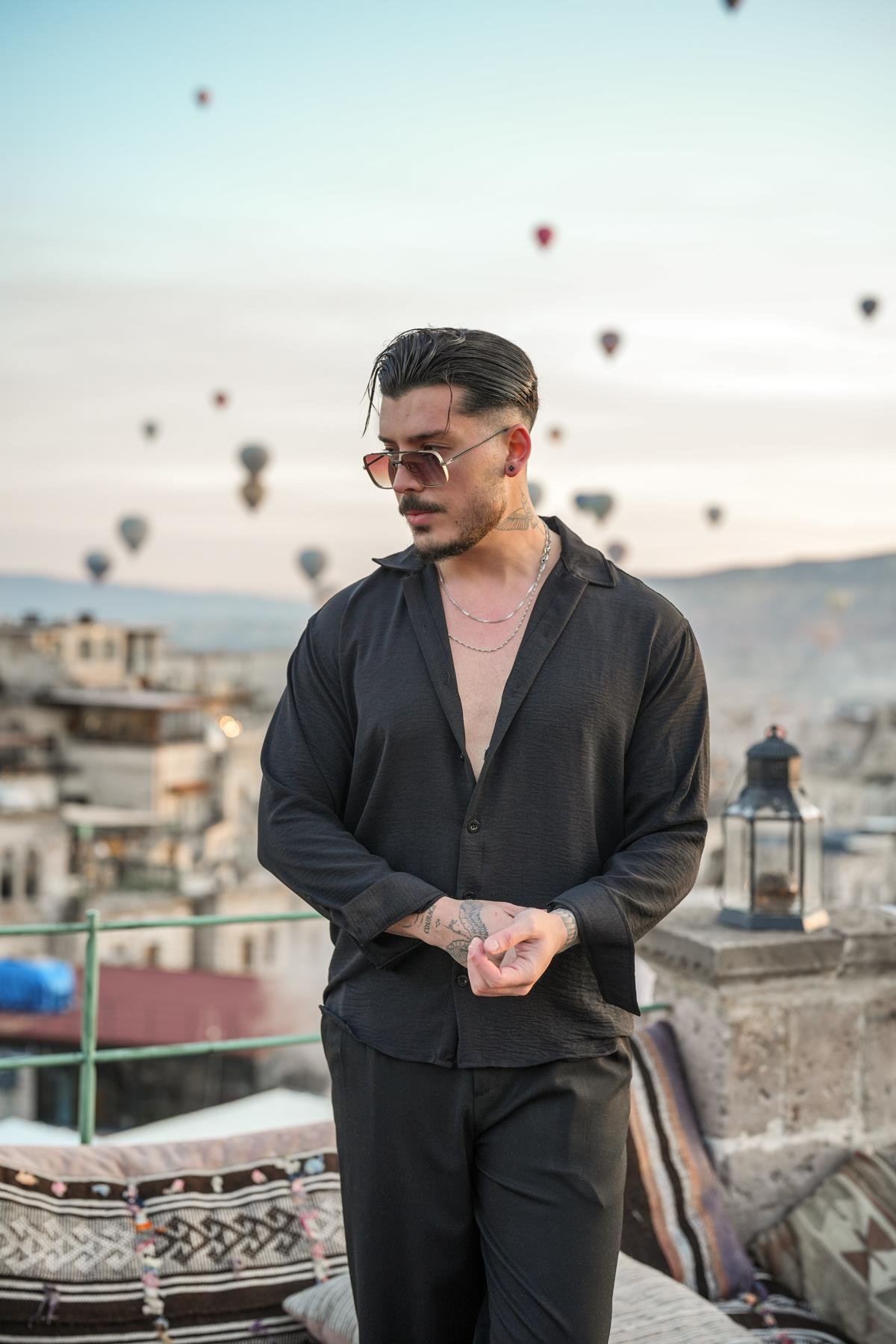 Dokulu Oversize Gömlek Siyah