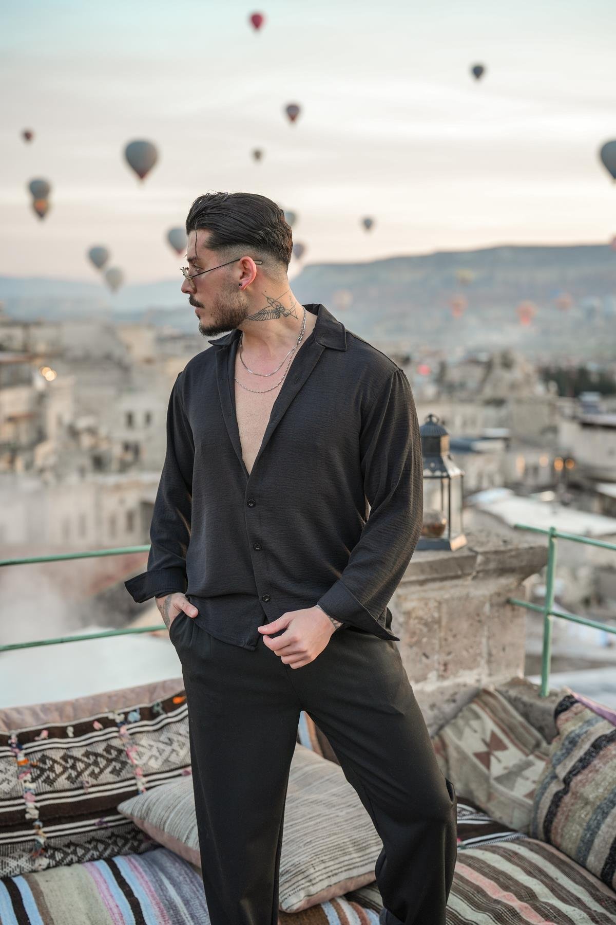 Dokulu Oversize Gömlek Siyah